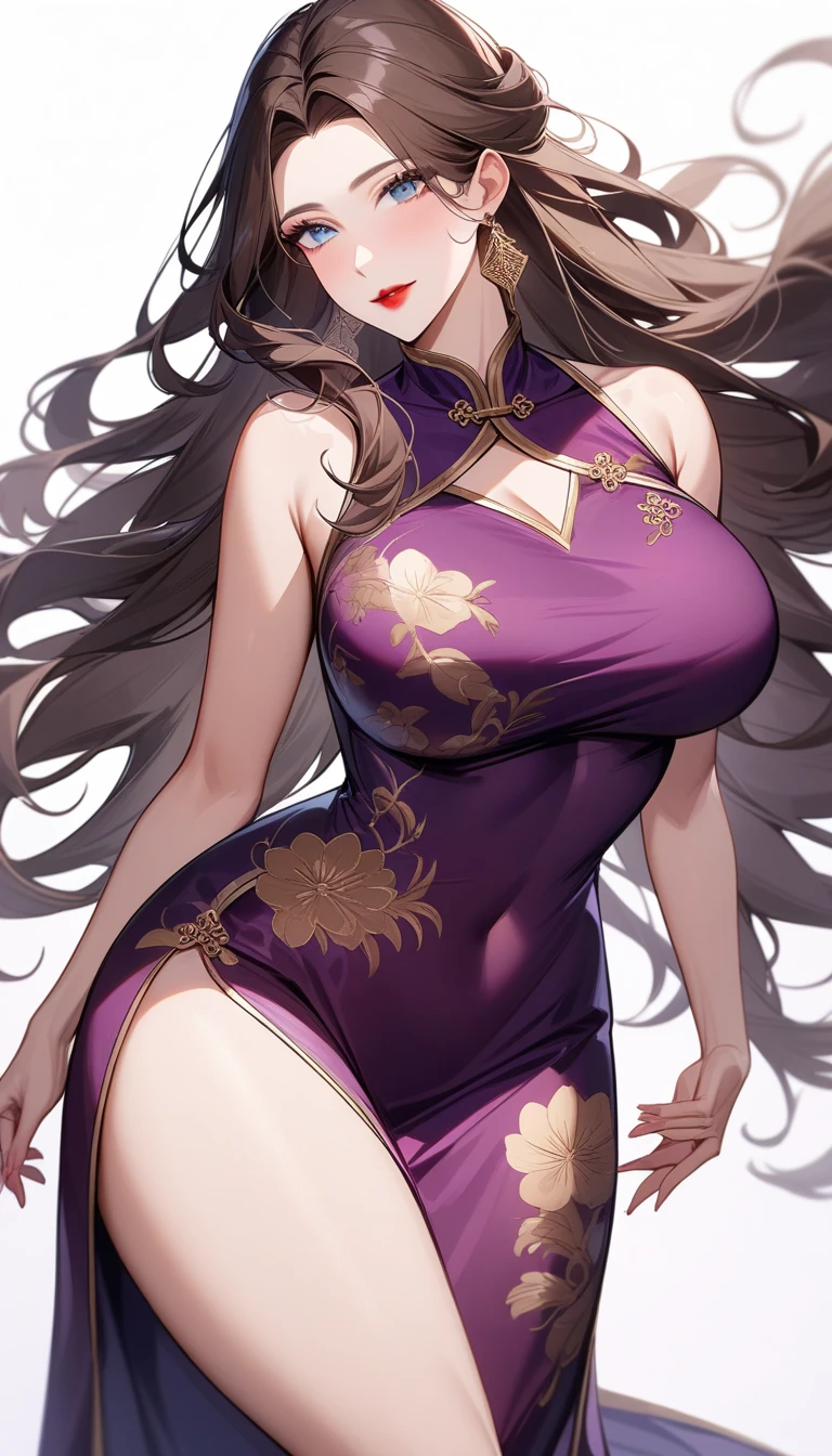 (Masterpiece, Best Quality: 1.3), 1girl, (Conservatively Dressed: 1.8), pink-purple cheongsam, pink-purple qipao, (Mature: 1.4), Cold Eyes, Gorgeous Accessories, Fluttering Cloak, very aesthetic, national painting, Clothing ink painting style, gradient hair, blunt bangs, blunt bangs, high detail, cowboy shot, Masterpiece, super detail, best quality