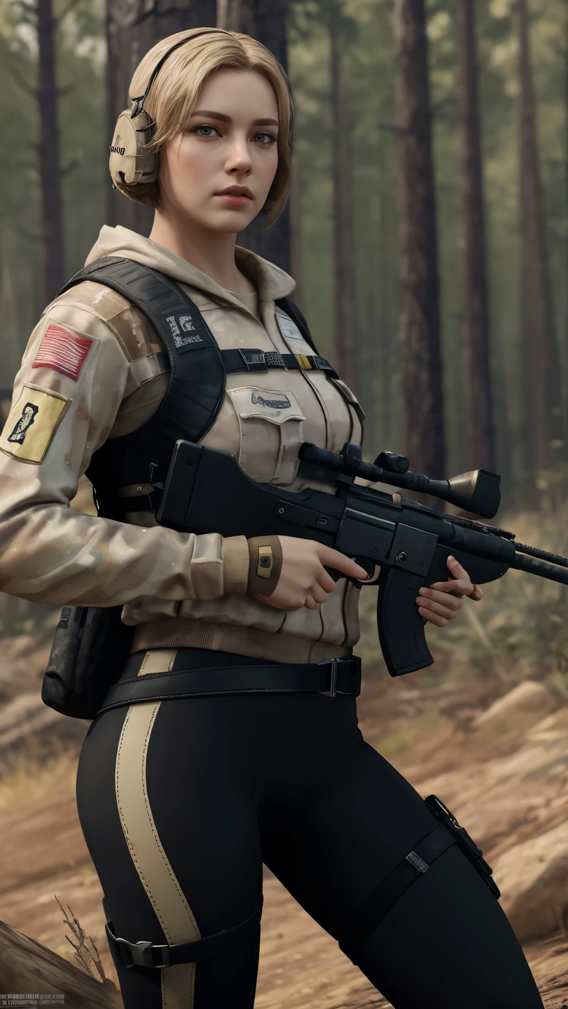 (masterpiece), best quality, expressive eyes, perfect face, travel bag, holding rifle sniper, women as blond Amazon-like nationalistic biathletes turned anti-Russian mercenaries, boots, shoes, forest background, leggings, ela (rainbow six siege), 