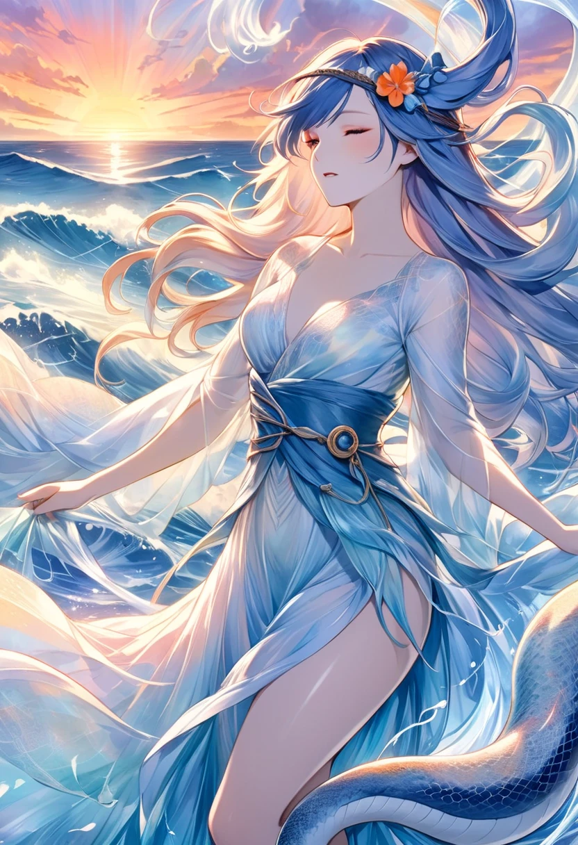 ,((highest quality))),8k,((masterpiece)),(Very sophisticated and beautiful), A completely naked girl emerges from the sea, The completely naked swan princess of Russian mythology, Beautiful calm face, blue eyes, Long blonde hair braided, Moon braid at the back of the head, With a kokoshnik crown on his head, Loving eyes, Half-laugh, A gentle expression appeared, Background seascape and sunlight, Seagulls in the sky, full length, realism,Completely naked,topless,