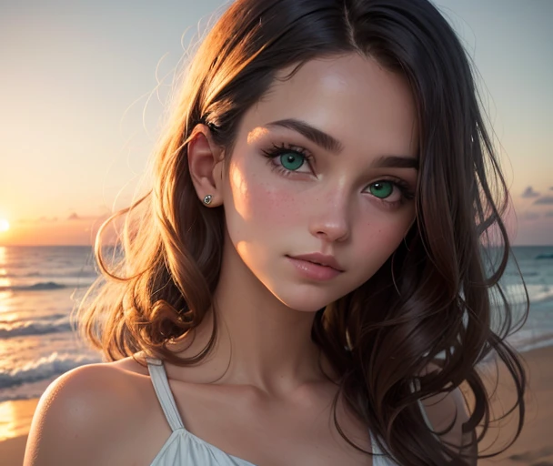 arafed woman fully, full body, sexy girl with green eyes, ultra realistic, meticulously detailed, jaw-dropping beauty, sophie mudd, brown hair and large eyes, , violet myers, without makeup, natural makeup, looking around, face with artgram, subtle makeup, reclines on the sandy shore, adorned in delicate white lace lingerie. The camera angle gazes down upon her, encompassing the entirety of her graceful, prone form against the backdrop of the tranquil coastline