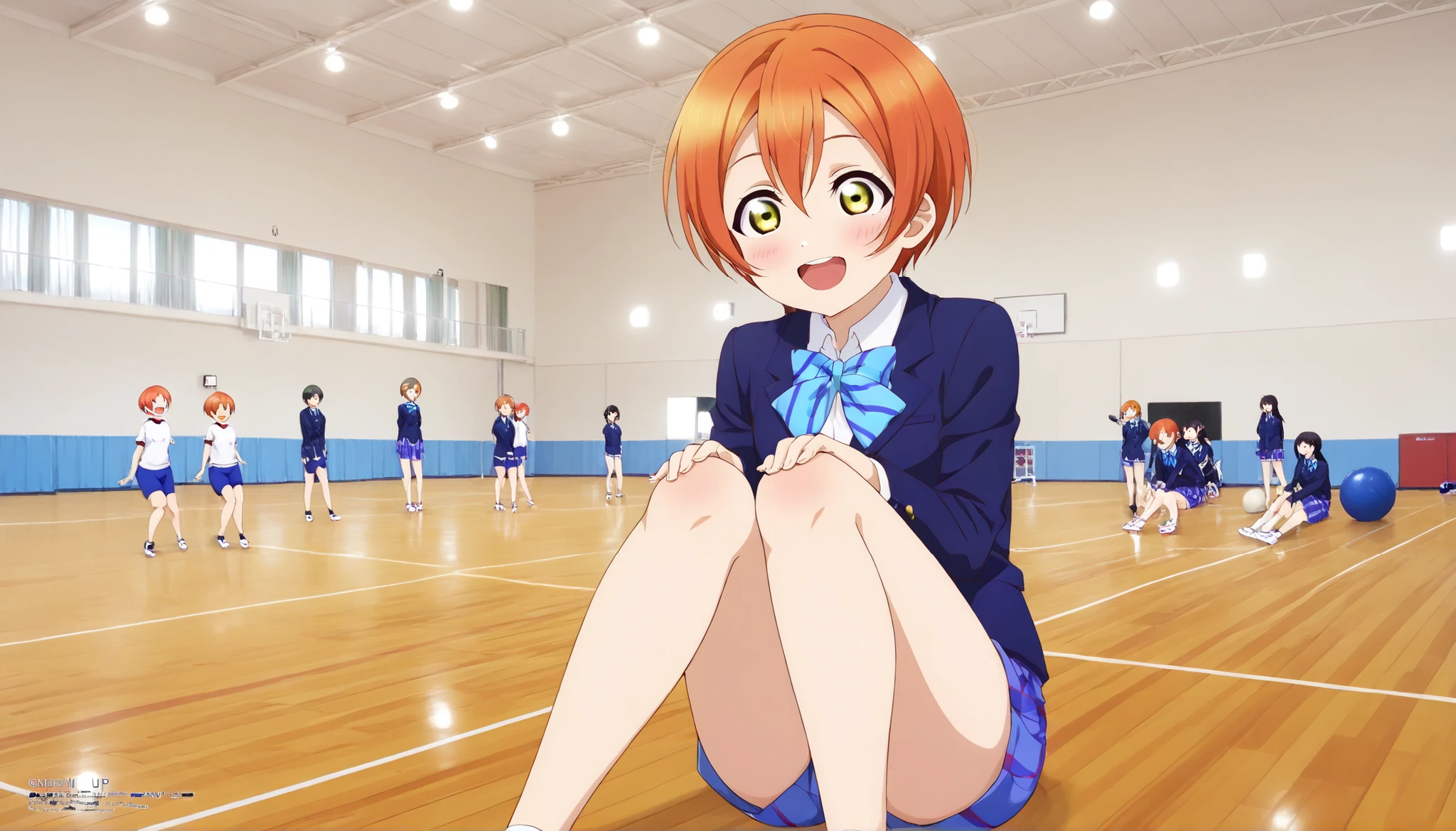 1girl,hoshizora rin, striped, short hair, blush, otonokizaka school uniform, open mouth, smile, lovelive_rin black blazer, blue plaid skirt, blue stripe bowtie, orange hair, very short hair, hair between eyes, yellow green eyes,sitting on the floor grasping one's knees (as in a gym class),score_9, score_8_up, score_7_up, rating_safe, masterpiece, best quality, absurdres, unity 8k wallpaper, official art, official style, source_anime, uncensored, game cg, megami magazine,taiikukan, indoors, sportswear, multiple girls, indoors, photo background, shorts, 6+girls, ceiling light, black hair, ceiling, stage, wooden floor, gym uniform, sportswear,Gymn4s3,