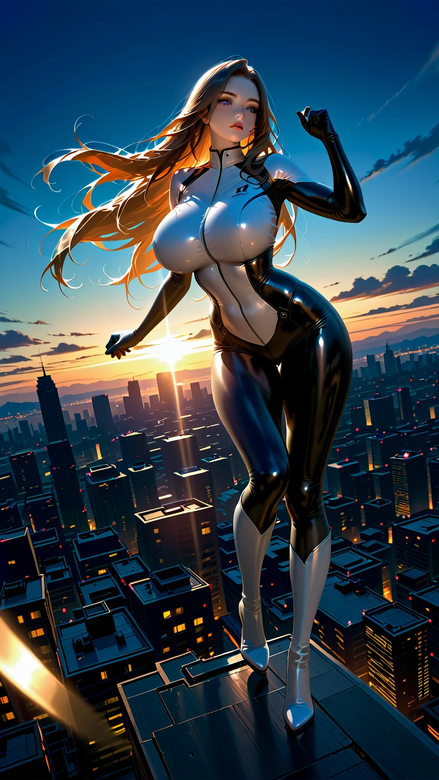 POV: ((huge breasts)) Beautiful Vanessa Kirby in sexy Marvel's Sue Storm cosplay, skinny, slim thick, small waist, 8k, UHD, (curvy accentuated body), smiling, at a building's roof, at sunset
