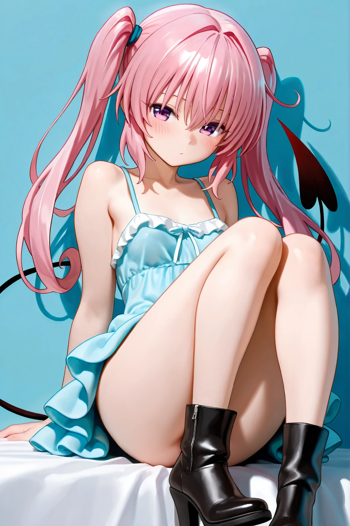 NSFW,masterpiece,Highest quality,High resolution,Very detailed,Nana Asta Deviluke\(To Love-Ru\),Pink Hair,Purple Eyes,long hair,Twin tails,tail,Small breasts,Off the shoulder,Crop top,Shorts,Knee-high socks