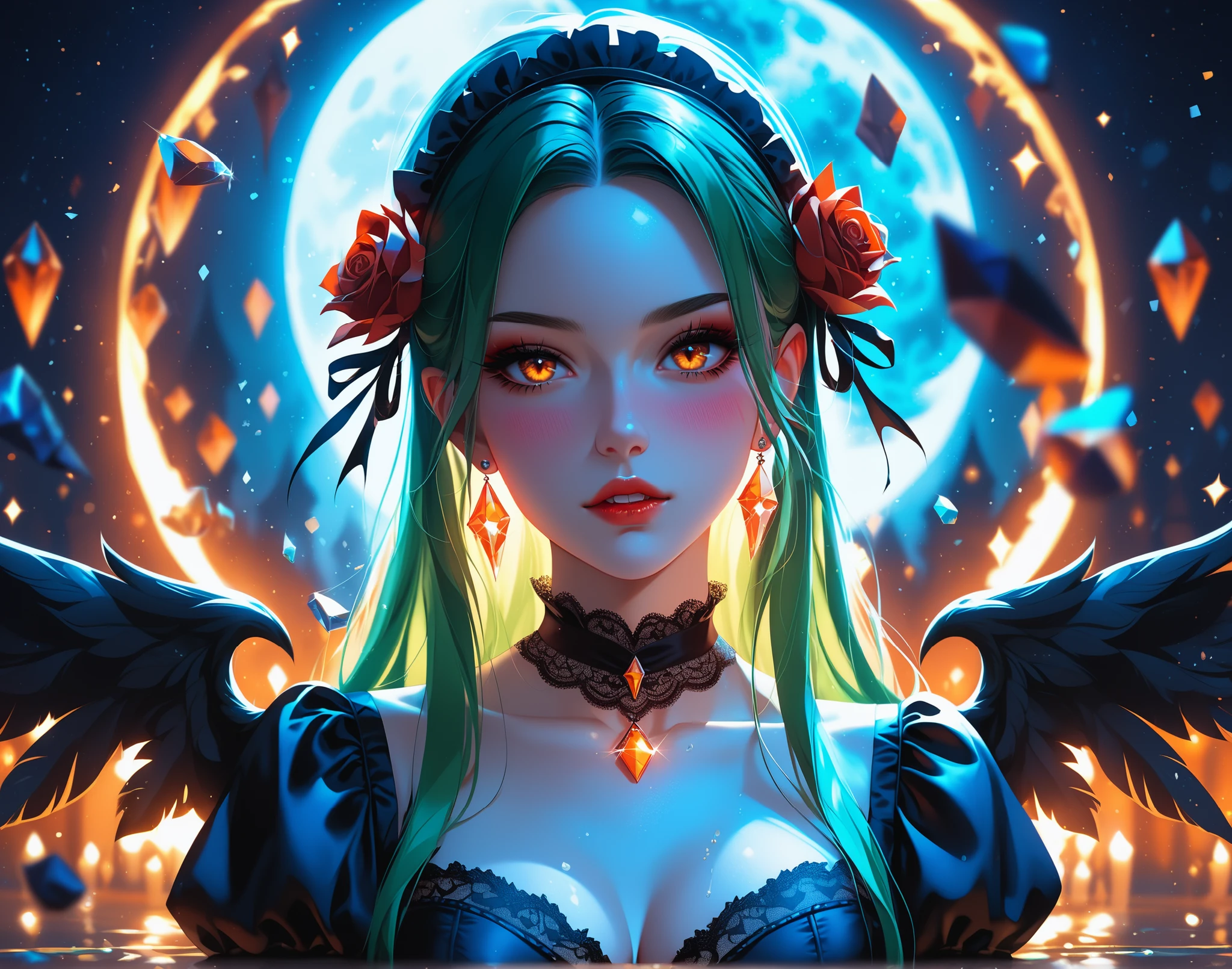 Vampire girl, very long green hair, orange eyes, crystals, bokeh, (gothic style lace black dress with ornate orange details:1.2), cleavage, small waist, collarbone, parted dark lips, black winged eye-liner, blush, shiny pale skin, night, reflection, full moon, moonlight, black iridescent rose, absurdres