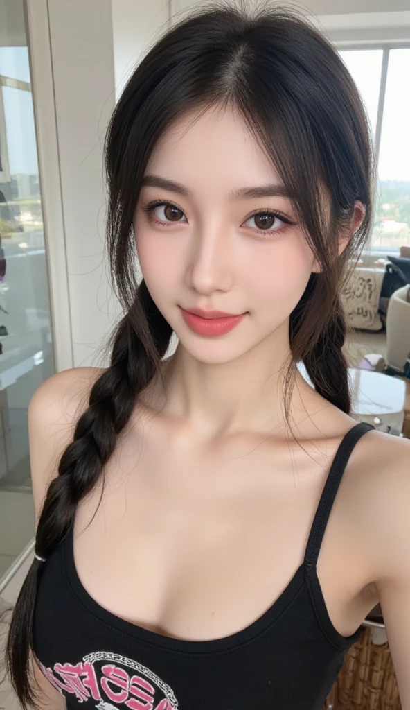 (Realistic, Photorealistic: 1.37), (Masterpiece, Best Quality: 1.2), (Ultra High Resolution: 1.2), (RAW Photo: 1.2, shots on Nikon), (Sharp Focus: 1.3), (Face Focus: 1.37), (Ultra Detailed CG Unified 8k Wallpaper: 1.2), (Beautiful Skin: 1.2), (pale Skin: 1.3), (Hyper Sharp Focus: 1.5), (Ultra Sharp Focus: 1.5), ( Beautiful pretty face: 1.3), (super detailed background, detail background: 1.3), break, very cute and beautiful Japan pictures of woman, (sexy model), professional attire, (2: 1.1), portrait of a girl with a bright smile, upper body image, When viewed from the front, the composition is symmetrical, (Studio lighting: 1.3), (Cinematic lights: 1.3), (backlight: 1.3), dim lighting, lighting that covers the whole body, (looking straight at you, standing:1.3, arms down:1.3, random, model pose), break, (shiny-brown half up thin hair: 1.2), dark brown eyes, upturned eyes, beautiful eyes, princess eyes, ((brown hair:1.3)), single hair, bangs, Hair between eyes, Long hair, curby, abs, perfect abs, (gigantic-breast;1.37, big breast:1.37, big cleavage:1.37), (thin waist: 1.15), (detailed beautiful girl: 1.4), (bare shoulder, Chest squeezed together, View viewer, (blue camisole:1.3, black box-long-skirt:1.3, teacher fashion style, attractive look), Solo, Parted lips, pink lips, (shiny skin), sweat, (school room background:1.5), (light seductive smile:1.25), ((Perfect Female Body)), (Upper Body Image:1.3), Frame the Head, Perfect Anatomy, Perfect Proportions, 8.5 Life-Size, Face Focus, Ultra Realistic Photo, Hyper Sharp Image, Hyper Detail Image