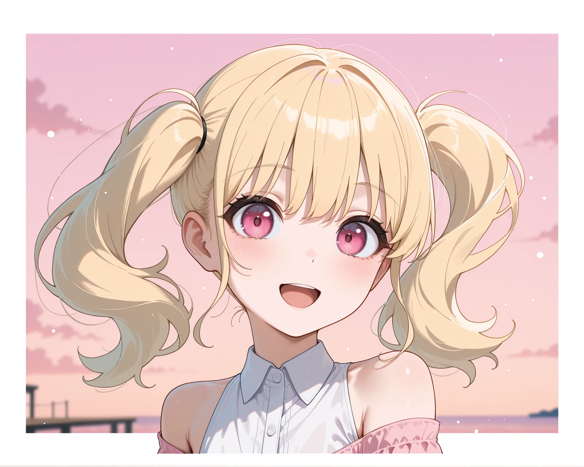 score_9, score_8_up, score_7_up, masterpiece, best quality, detailed face, detailed eyes, 1 girl, solo, beautiful, slender, curvy body, flat chest, youthful, young, short,

medium hair, blonde hair, twin tails, tidy bangs, pink eyes, fair skin, cute, adorable, sleeveless white shirt, collared shirt, off shoulder dress outer, pink dress, shoulders, open mouth, happy, confident, flowing hair,

blurred background, pink sky, clouds, beautiful view, ocean, pier, pink sunset, looking at viewer, depth of field, perfect lighting, particles, best composition, dynamic, closeup, zoomed in, portrait,