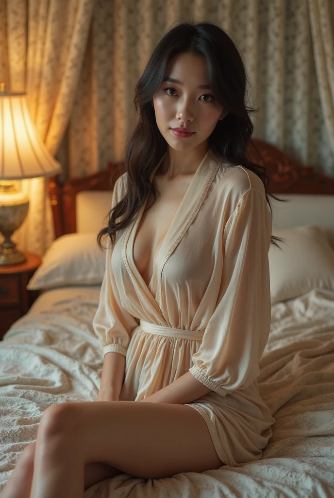 ｛｛surrealistic｝｝Natural lighting、｛Sexy Witch Cosplay｝（Witch Halloween Costume）
（intricate-detail、Sharp Focus、proffesional、Photorealsitic、top-quality、Live Action、8K、
（（｛realisitic、Real Human｝）portlate、photorealisim、）、
（a beauty girl、Japanese high school  girl、18year old、1 girl in、独奏、（Excellent style、（de pele branca、A slender 、udder of moderate size,:3.2、））、 
ulzzang -6500-v1.1, 
（hyperdetailed face、（very detailed lips、round and detailed eyes、二重まぶた、Moist eyes、Delicate eyebrows、））、 
（hairstyle on、（bob cuts、A dark-haired、Smooth hair、shinny hair、bob、））、 
（Female atmosphere、（unclear、Attractive woman、Healthy、charmed、glamor、Shyness、glad、kawaii、waking up、Good aroma、））、 
（garments、lo fashion、（（dressing gown、Cute clothes、unclear、kawaii、stylish、））（become、silk、Healthy、ren、））、 
（a room、（Bedroom of a woman living alone、real life、Stylish room、morning、Morning sun shining、On the bed in the morning sun、））、 
（Room interior、（white sheets、Mint green curtains、Fashionable accessories、Pink Items、））、
Background blur、
（the pose、（Sleeping in bed、（laying on back、glamor、seductiv、provocation、relax、thighs thighs thighs thighs、））、
Nikon Z 85mm、(Raw foto:1.2)、
