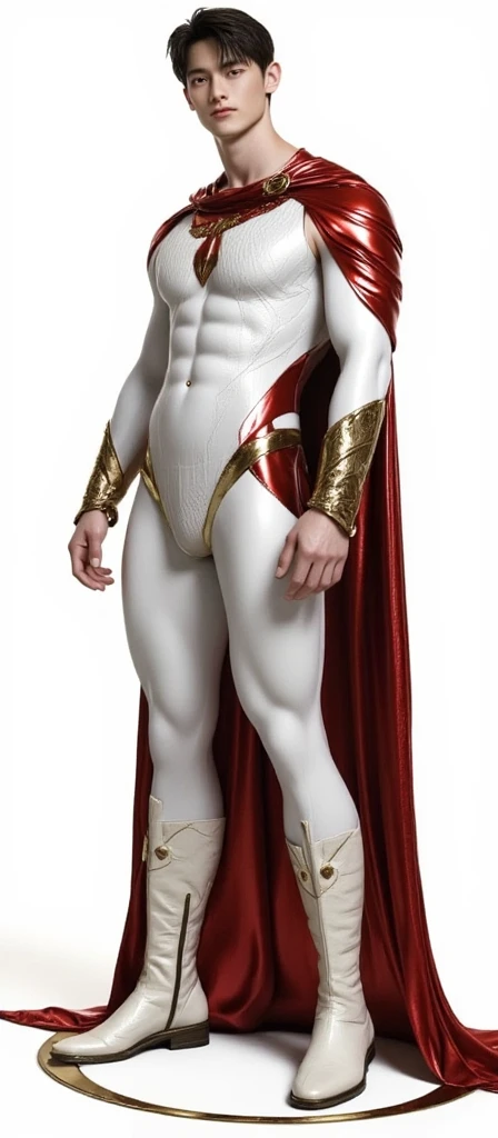 Jungkook of BTS as Superman with a huge erection between his legs only wearing the red cap, totally nude
