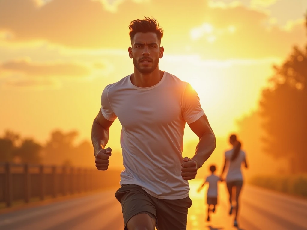 Une scène puissante et inspirante d'un homme courant sur un chemin pittoresque au lever du soleil, symbolisant l'amélioration de soi et la détermination. Il porte une tenue de sport, avec une expression de concentration intense alors qu'il se pousse à aller plus loin. Derrière lui, une image subtile et fantomatique de lui-même, tel qu'il était la veille, est légèrement visible, représentant son ancien moi qu'il dépasse. En arrière-plan, un paysage magnifique avec un soleil levant qui projette une lueur dorée, symbolisant les nouveaux départs et la croissance. L'atmosphère générale est celle de l'empowerment, du triomphe personnel et de la quête incessante de l'amélioration de soi."