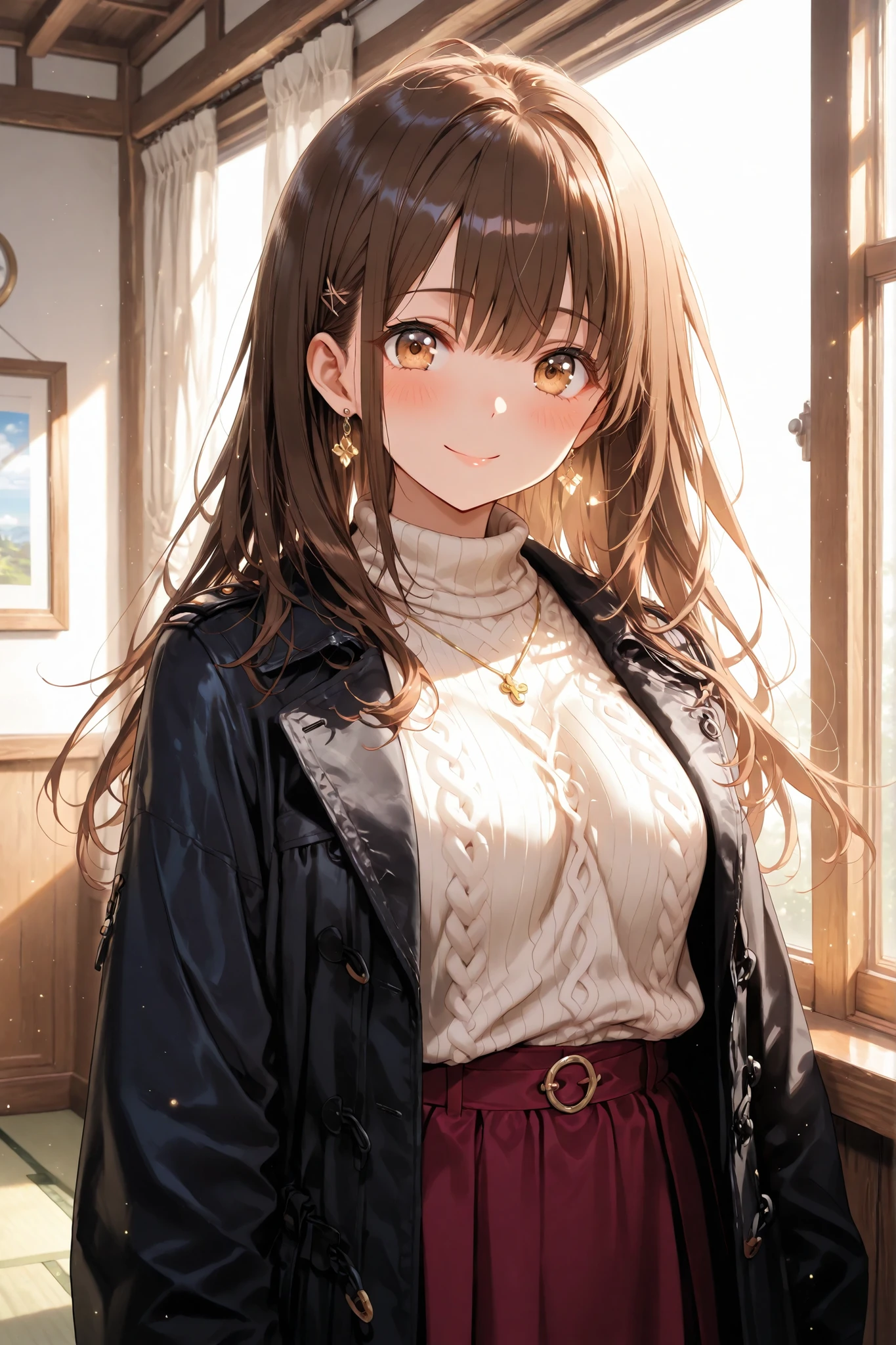 Vertical configuration. Single young woman, The same character as the previous image, she stands quietly near the window in the early morning light. she's been a long time, has straight dark brown hair that reaches her shoulders、is the only one in the scene — no one else {x} wears a dark coat over a knitted sweater and skirt. her golden brown eyes gently point down, Thoughtful Expression. and is the only one in the scene. with soft morning light filling the room. The atmosphere is calm, Emotional, introspective . Japanese anime style, follows the previous character and tone.