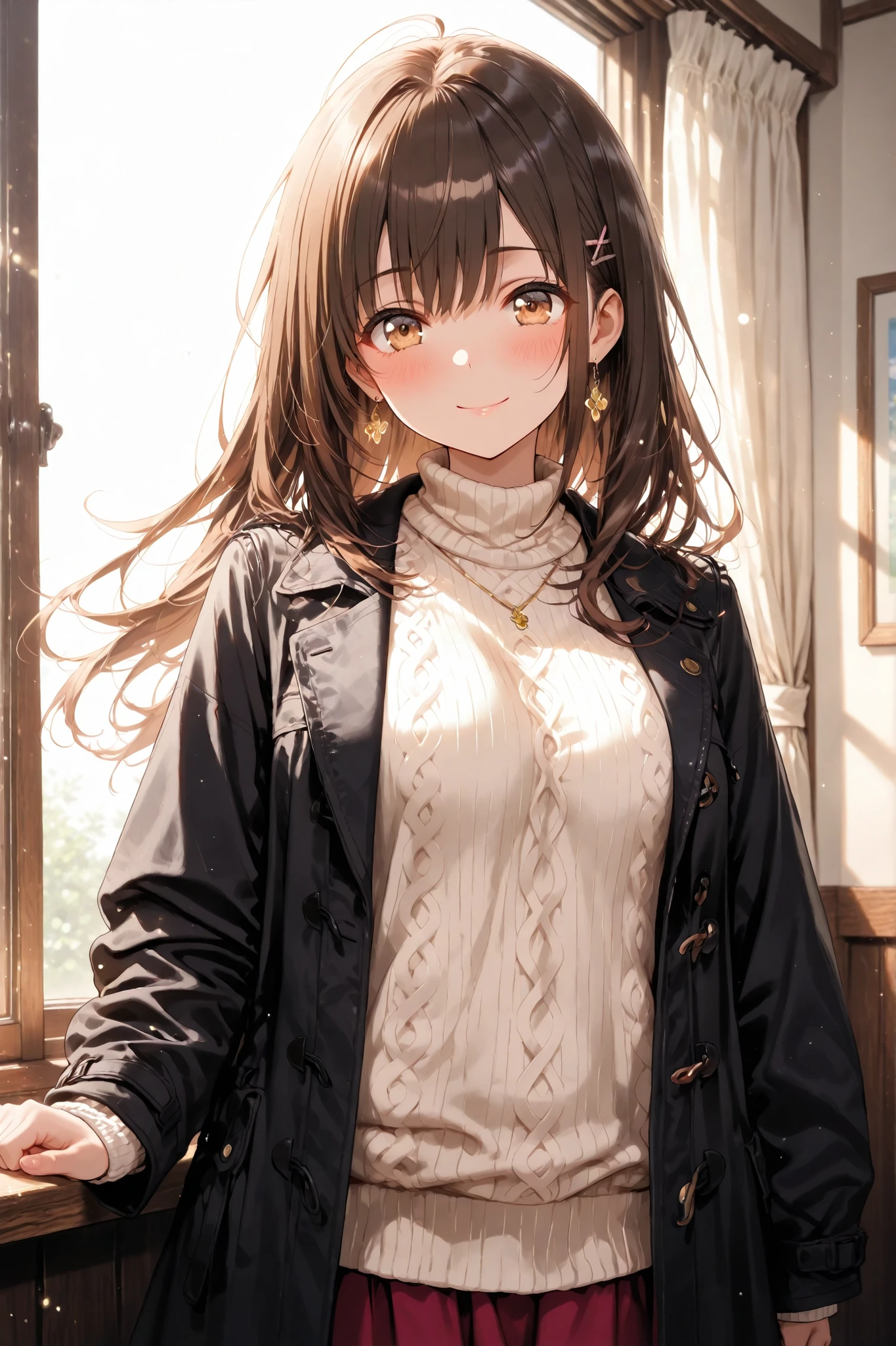 Vertical configuration. Single young woman, The same character as the previous image, she stands quietly near the window in the early morning light. she's been a long time, has straight dark brown hair that reaches her shoulders、is the only one in the scene — no one else {x} wears a dark coat over a knitted sweater and skirt. her golden brown eyes gently point down, Thoughtful Expression. and is the only one in the scene. with soft morning light filling the room. The atmosphere is calm, Emotional, introspective . Japanese anime style, follows the previous character and tone.
