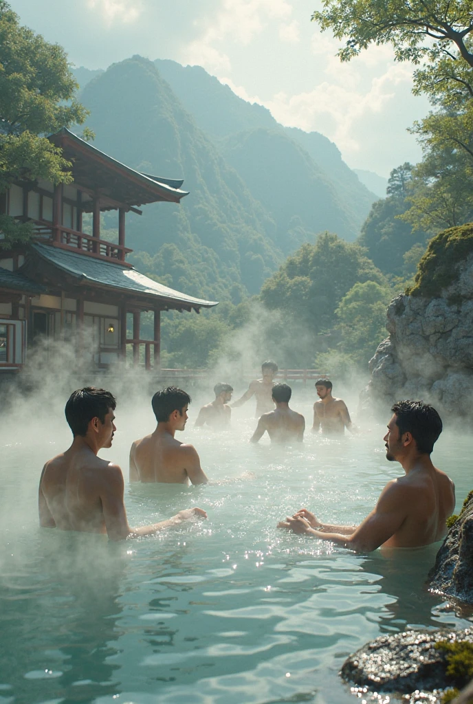 A group of Japanese men soak in hot springs! Handsome muscle beard! Japanese-style outdoor hot spring!