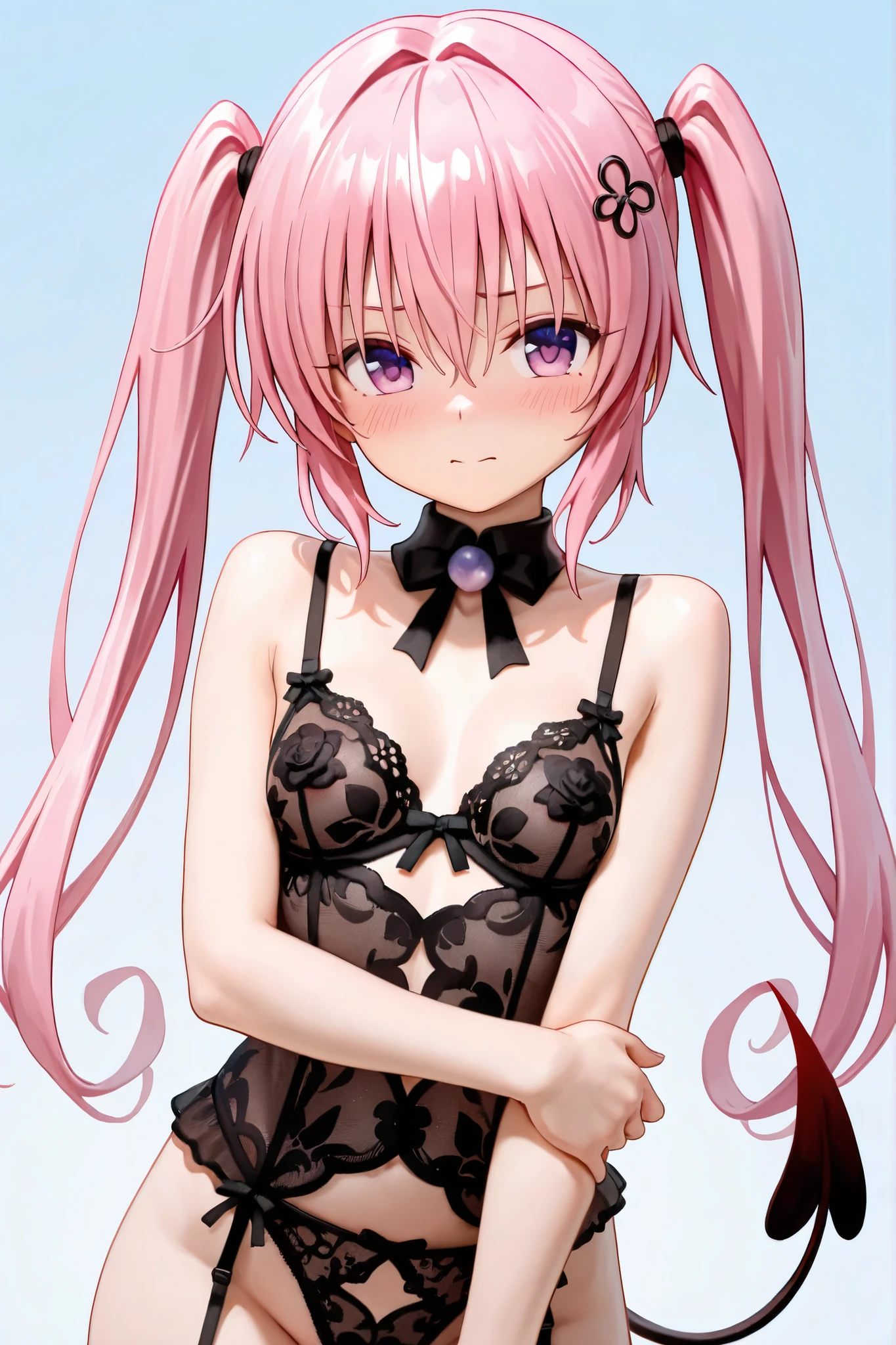 best quality, insanely detailed, nino nakano, breasts, blush, outdoor background, bare-shoulder, looking at viewer, garter strap, a black ribbon, stockings, highleg leotard