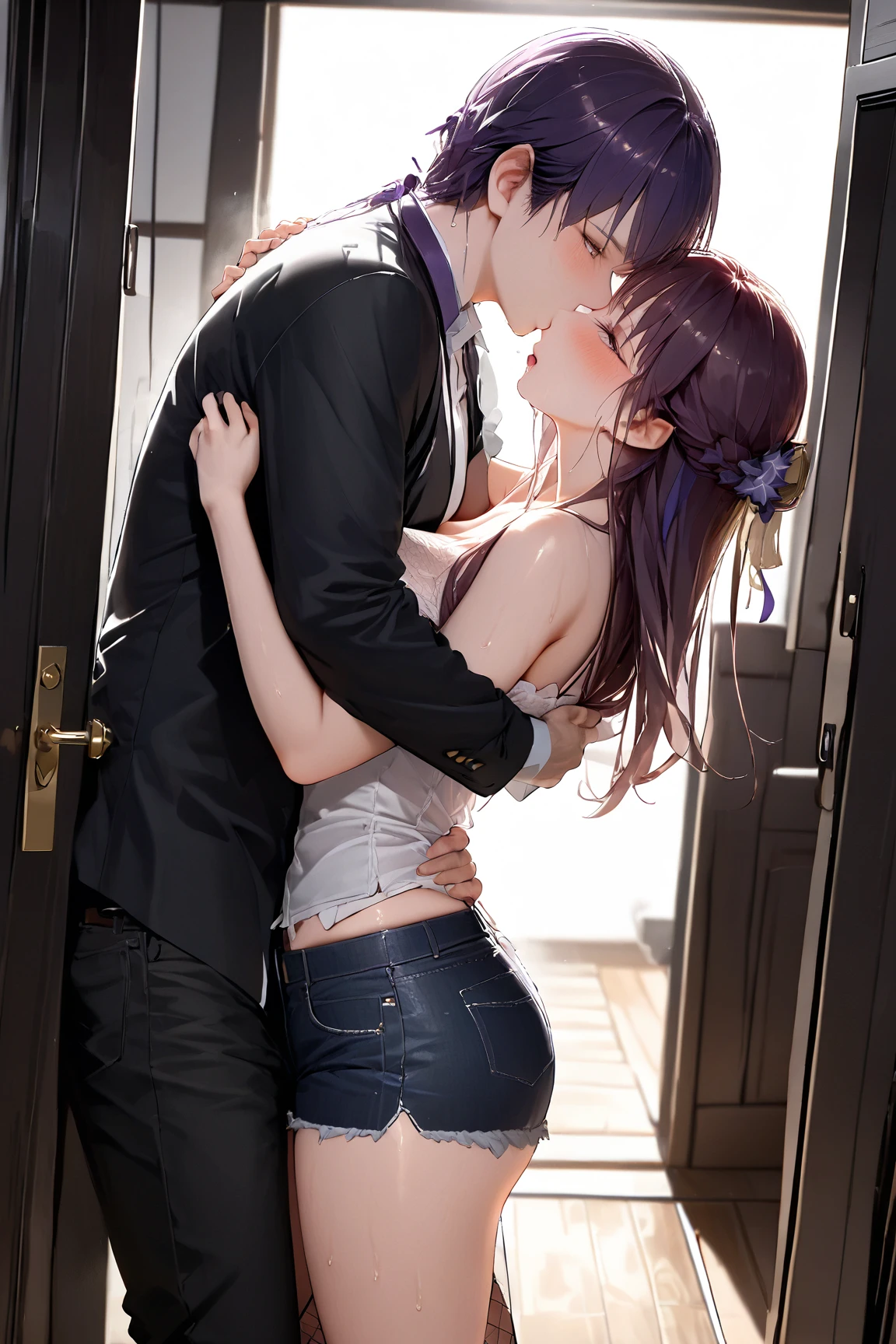 NSFW,Hololive,Towa Tokoyami,Short Hair,Married Woman,Turtleneck sweater,Sleeveless,Sideboob,jeans,(Perfect hands),(Perfect Anatomy),(masterpiece),(highest quality),Home,dining,table,One brown-haired man,(Doing sex:1.5),Embarrassed,blush,(orgasm:1.3),(Ecstasy face:1.5),Gritting your teeth,Facing each other