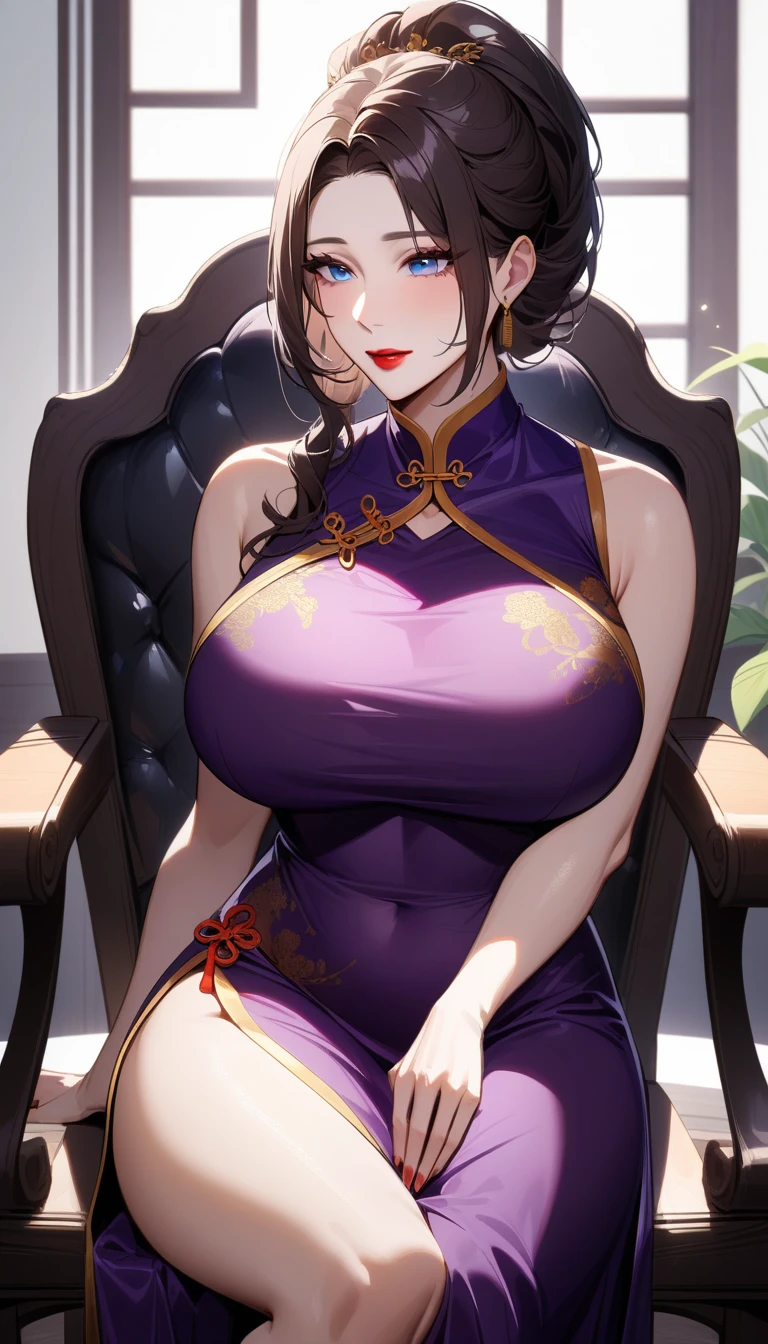 slim waist, slender torso, big pouty lips parted, coy smile, lips parted, blushing, almond-shaped-eyes, a Chinese beauty, 4k, 8k ), ((wide hips, thick thighs)), huge breasts, boob squish, sitting demurely on silk bed, legs crossed, backlit, looking at viewer, low camera lens shot (masterpiece), (best quality:1.2), absurdres, intricate details, (highly detailed skin:1.2), ((luminous)) (((vivid bold color))) ((cinematic presentation)), long curly black hair, blue eyes, (((SOLO))), (((CLEAVAGE))), long braided ponytail, martini glasses on table, corset and stockings, tonight's girlfriend, gold jewelry, silk pillows, bare shoulders