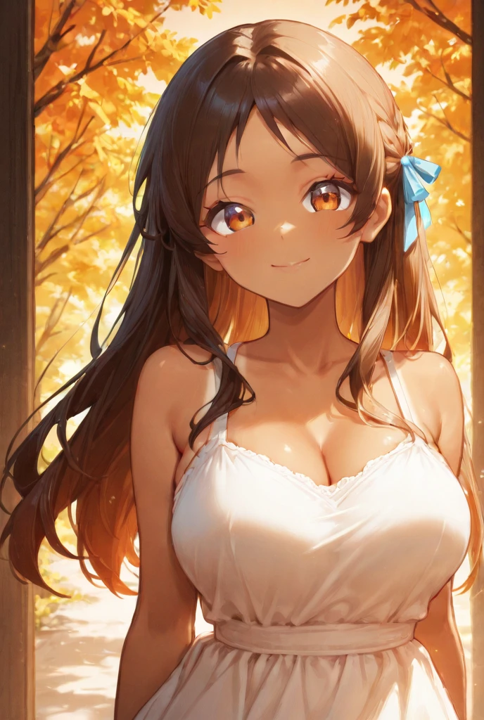 cute anime woman in sundress raising arms and showing you both her armpits up close, glistening with sweat, outdoors, long hair, hair put behind and not blocking arms, under the sun during clear noon.