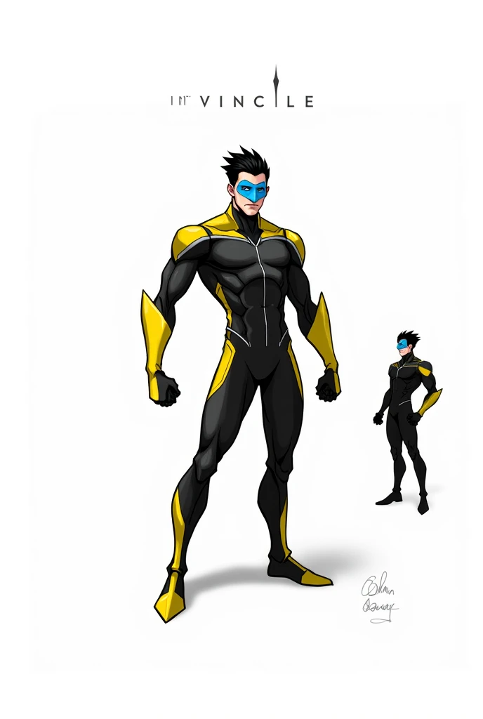 1boy, solo, bara, male model, tight yellow bodysuit, solid blue background, neon colors,