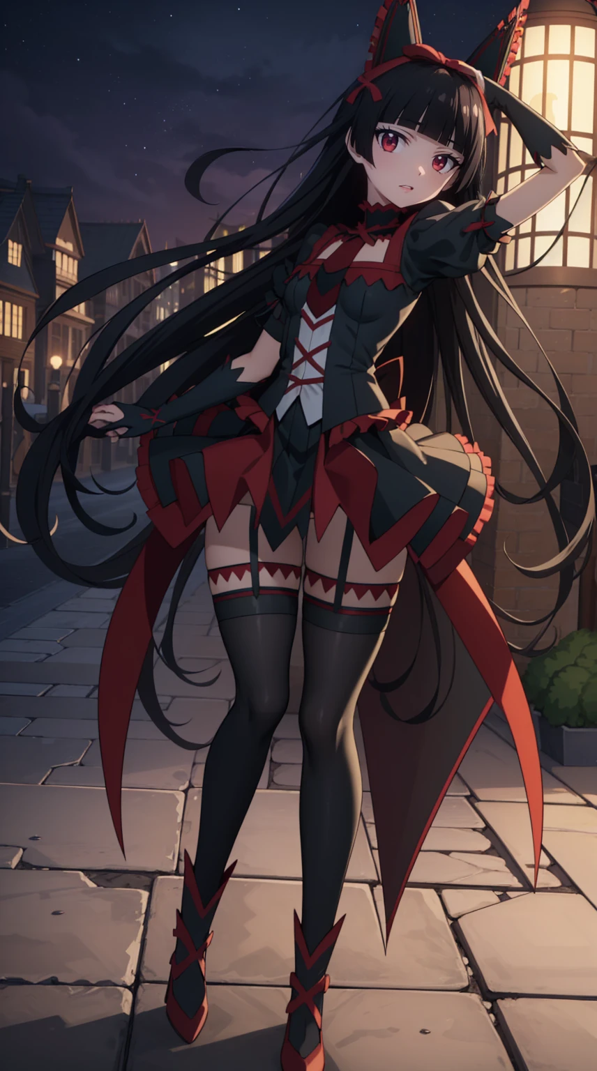 Rory Mercury, Rory Mercury, black hair, dull bangs, princess cut, hair ornaments, red lipstick, long hair, cute face, compensate, (:1.2), (red eyes:1.5), break Gothic underwear, perfect body (small breasts:1.3) horny, break in full growth, red shoes, break Black Stockings, Black Gloves break, 黒いthighs, garter strap, gloves, gothic, hair ribbon, gothicファッション, puffy short sleeve, plump sleeves, short sleeve, thighs, thighs, break of the starry night sky, City of night, break looks at the viewer, break (masterpiece:1.2), highest quality, High resolution, unity 8k wallpaper, (illustration:0.8), (beautiful detailed eyes:1.6), highly detailed face, perfect lighting, Highly detailed CGI, (perfect arms, perfect anatomy),