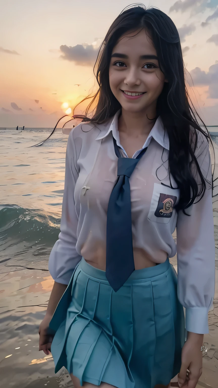 20 yo Indonesian girls in school uniforms playing in the water, at the beach, sunset, twilight hour, magic hour, wet sand, waves, long sleeves, 2 girls, (cardigan), ((loose tie)), ((pleated skirt)), closeup fantasy with water magic, beautiful maidens, playful, (splashing) wearing a skirt made of water, cleavage, photorealistic, dripping wet, in water up to their shoulders, beautiful realistic photo, nymph in the water, hyperrealist portrait at seaside, hyperrealistic fantasy photo, splashing, playing with each other, cute shot, narrow depth of field, 8k, ((drenched)), ((soaked)), (dripping water), dripping oil, heavy clothes, soaked in oil, wet all over, rouge lipstick, wet dripping hair, varied hair, smiling, ((see throug, varied poses, tropical beach