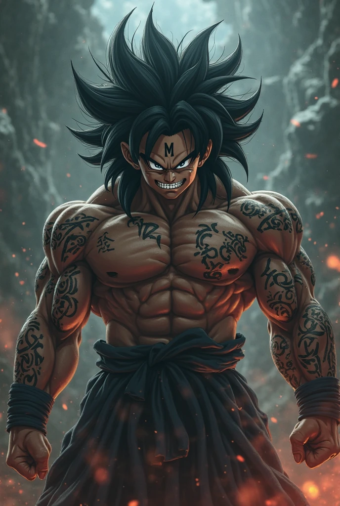 Male darkness in Hell, with red eyes, chains, sexy, strong, mainly, Broly, 1boy, closed mouth, male focus, muscular, muscular male, rock, sash, serious, solo, spiked hair, topless male, torn clothes, legendary super saiyan, black hair (masterpiece)