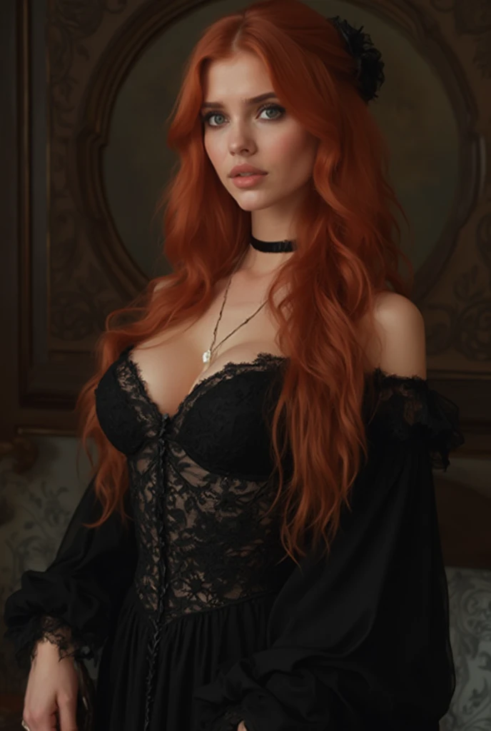 (best quality, realistic), redhead girl, black sheer top, wicked smile, hypnotized spiral eyes, leaning backwards, long flowing red hair, edgy, medieval background, intense eyes, pale skin, mysterious vibe, dramatic lighting, red lipstick, piercing gaze, confident expression, alluring charm, intense presence, flawless complexion, captivating beauty, hauntingly beautiful, ethereal aura, uncanny allure, enchanting stare, fierce and bold, rebellious spirit, fiery personality, sitting on bed with legs spread in bedroom, cameltoe, open seductive smiling mouth, legs spread, happy worshipping, manspreading, hands behind back, hands not visible