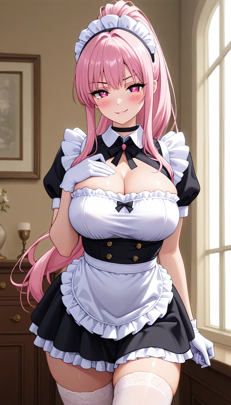 nsfw:1.1,Masterpiece:1.3,Detailed and beautiful depiction 1.3,Official Art,Beautiful adult woman ,Megurine Luka,Pink long hair,blue eyes,Large Breasts,Erotic smile temptation,Maid clothes,Cowgirl insertion sex with penis,Shaking breasts,sit,I'm panting,bedroom