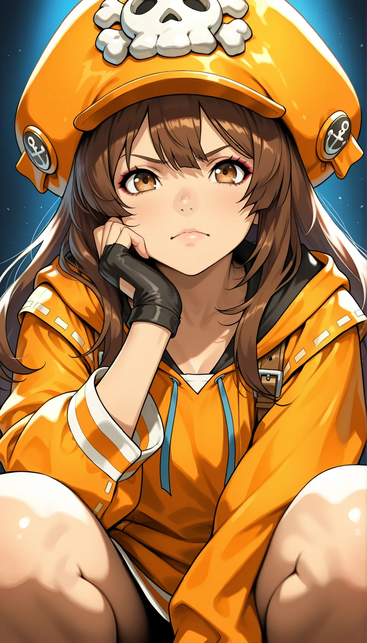 1girl , may (guilty gear) , skull and crossbones , orange hat , long hair , brown eyes , black gloves , orange hoodie, Full-length view, crouching, kawaii, detailed portrait, intricate facial features, serious expression, confident posture, best quality, 4k, ultra-detailed, photorealistic, professional, vivid colors, dramatic lighting, gritty atmosphere, dark moody colors, gothic fantasy style, digital painting