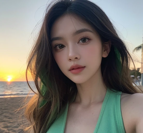 (best quality:1.1) ,(photorealistic:1.1), (photography:1.1), (highly detailed:1.1), looking at viewer,armlet, Jade bracelet, eyelashes, happy, small breasts,beautiful detailed girl, (extremely detailed eyes and face), (lighting on face),necklace,Colorful clothes, [chinese clothes],[off shoulder], (solo:1.2), sandbeach,sand,Standing by the seaside, summer, (beautiful detailed sky),seethru,