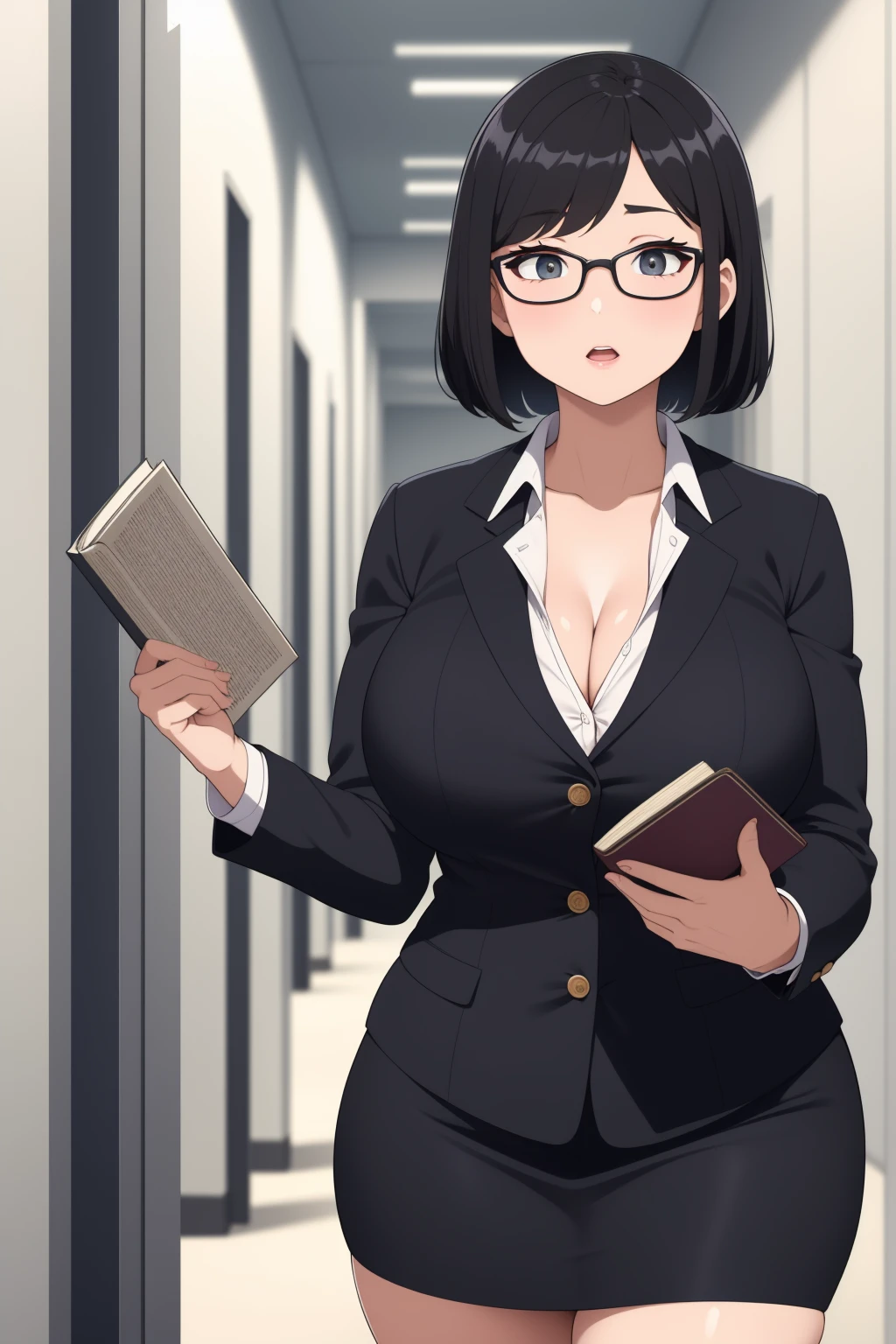 (library)、Super detailed illustrations、Super precise expression、masterpiece、highest quality、ultra high resolution、high resolution、(Sweat、body fluid)、shiny skin、(black hair、short cut hair、glasses)、shirt、Standing picture、skirt、Hands behind your hips、