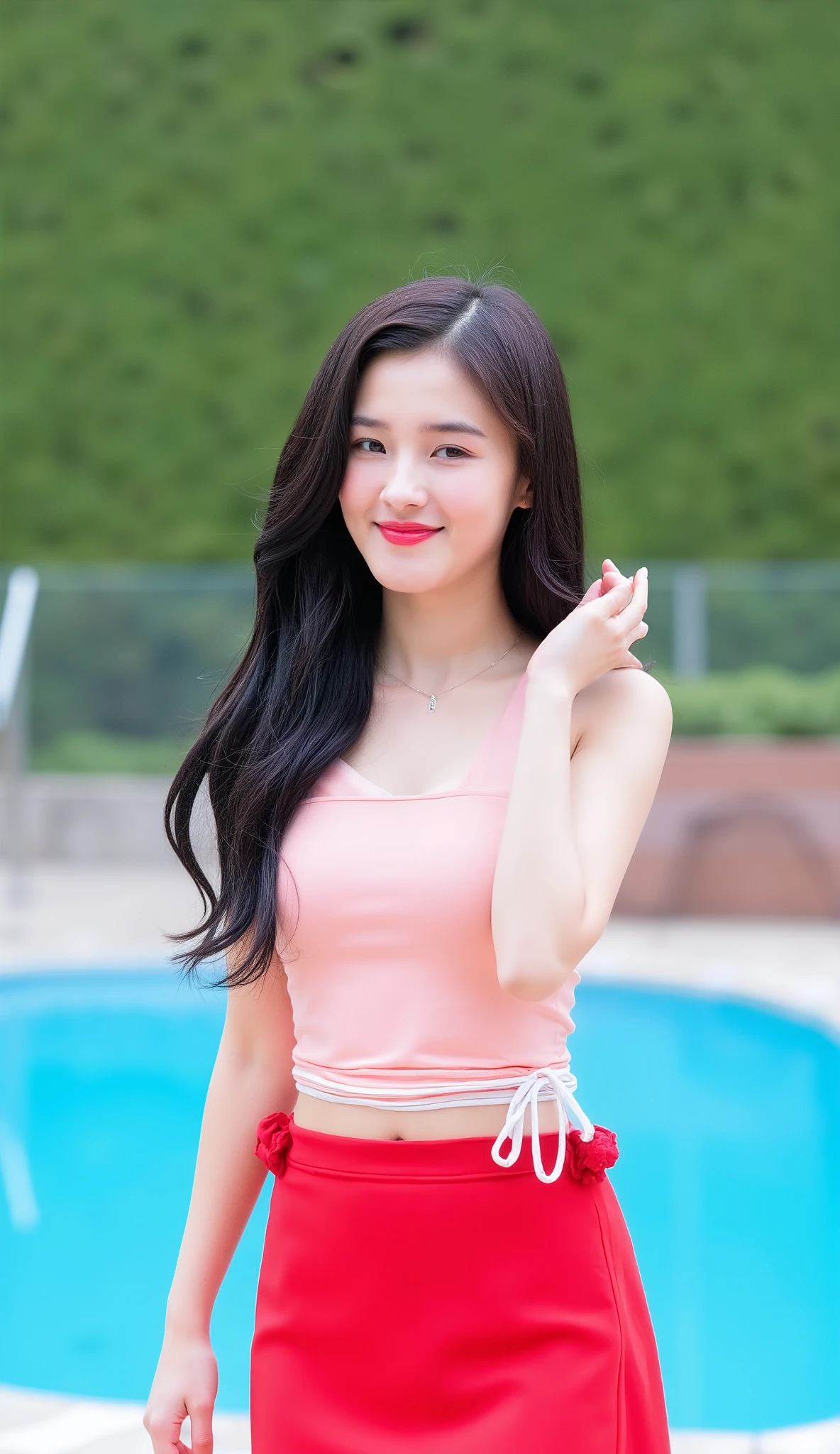 A young woman confidently walking poolside, dressed in a stylish light red crop top and a matching red skirt with a white waistband tie. She has long, flowing black hair and is touching it gently while smiling, exuding a relaxed and cheerful summer vibe. The background shows a blurred pool and green wall, enhancing the calm, warm atmosphere