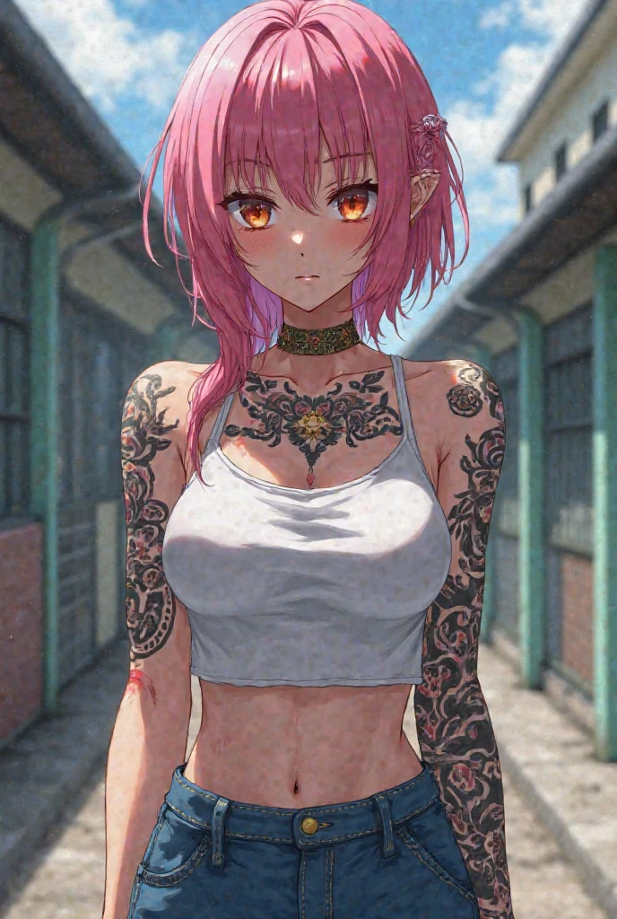 (Best Quality,4K,8K,hight resolution,masutepiece:1.2),Ultra-detailed,(Realistic,Photorealistic,Photorealsitic:1.37),(Girl with Japanese pattern tattoos all over her body:1.8),Quirky costumes,Japan women,Unique hairstyle,piercings:1.8,a tiger,Revealing clothing,Expressive eyes,tiny waist,athletic build,Piercing gaze,confident pose,creative lighting,Background is murder,urban setting,Slum,Street Fight,no-makeup,striking facial features,Colorful leather bikini,Tattered skirt,Japan,Unconventional,His arms folded,gold teeth,punk fashion,Loud accessories:1.8,Attention-grabbing appearance,Unconventional beauty,Abnormal muscularity:1.8,exquisite detailing,dramatic compositions,Energetic brushwork,Graffiti-inspired artwork,Complex pattern,Futuristic elements,Emotional expression,Unapologetic attitude,Dangerous self-confidence,audacious,Split abs:1.8,Torn clothing,Mysterious aura,Killing,Killer,Feared existence,Attracted by her charisma,A pink-haired,Sheared hair,she stands out from the crowd.
