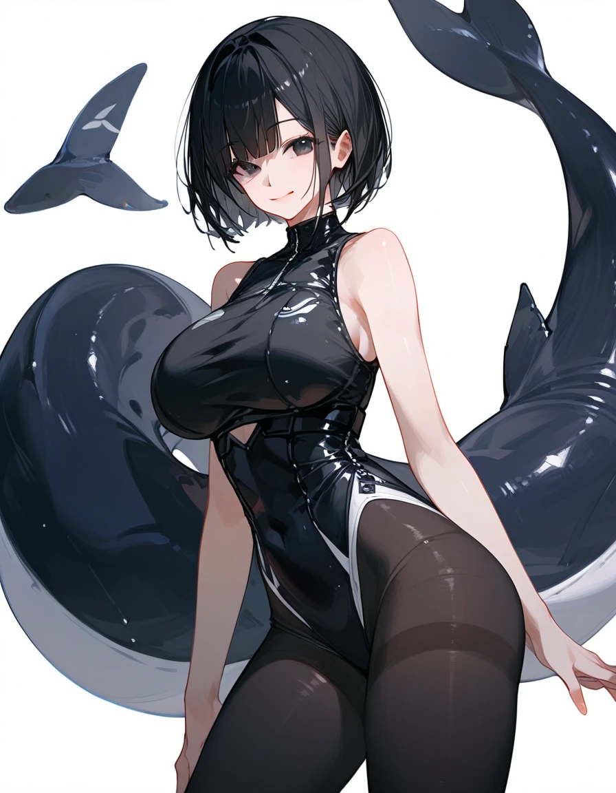 Short black hair with Bangs, white shirt and black shorts, black eyes, pale skin, a big shark tail, icon