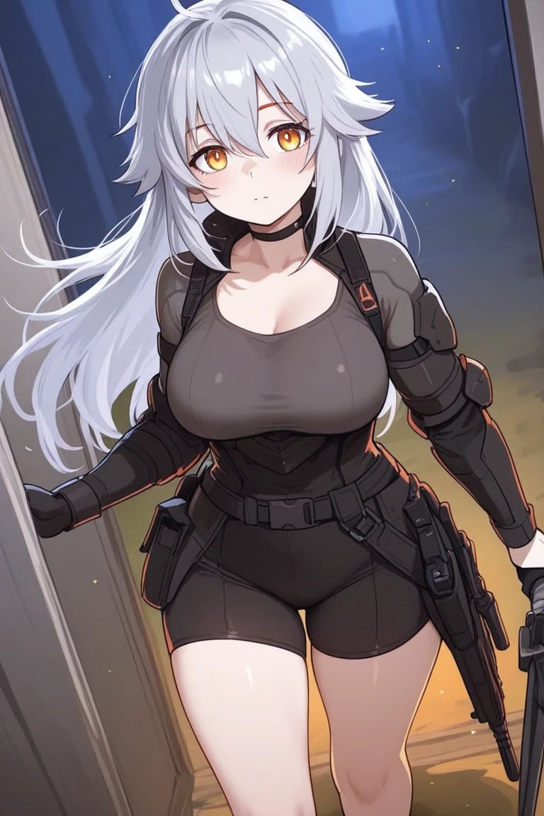masterpiece, best quality, finely detailed, high resolution, extremely delicate and beautiful, 1 girl, (white color mess long hair:1.2), purple eyes, ((black combat bulletproof vest:1.2)), riot suit, belts, magazine bags, (huge breasts:1.2), slender body, ((cameltoe)), closed mouth smile, blush, in factory ruins.