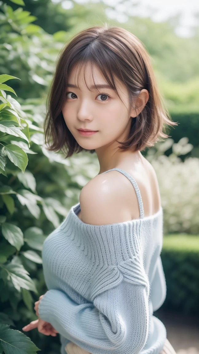 masutepiece, Best Quality, Illustration, Ultra-detailed, finely detail, hight resolution, 8K Wallpaper, Perfect dynamic composition, Beautiful detailed eyes, doress, short Hair, mid-chest, Natural Color Lip, Random and sexy poses,Smile, Blurred park background、20 years girl、Colossal 、Too much exposure、No shoulder knitwear（dark gray）、Exposing the chest、Slid、I keep my hair tied up