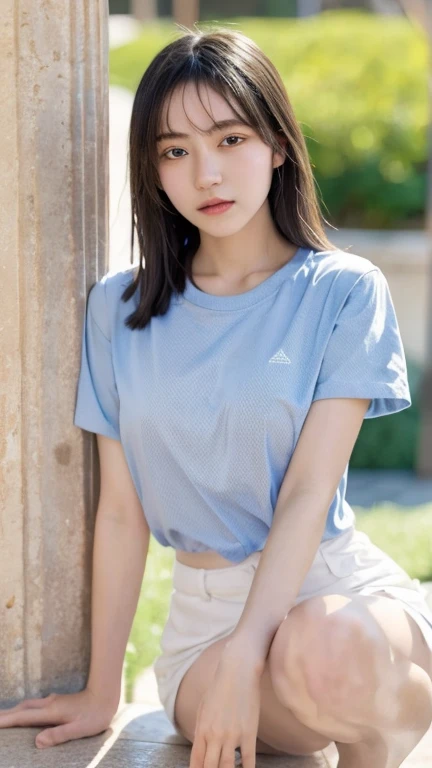 (Ultra Realistic), (Illustration), (Increased Resolution), (8K), (Extremely Detailed), (Best Illustration), Beautiful and cute girl, clear face, Wear sports clothes, And Sports shirts  Colored black, sports shoes, light brown hair, light blue eyes, korean girl, Being in the field is sitting.