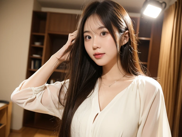 ((best qualtiy、8k masterpieces:1.3))、foco nítido:1.2、(ultra beautiful faces:1.0)、(shinny skin:1.0)、photos realistic、A dark-haired、Video Lighting、High-definition eyes and face、Video Lighting、(Korean Cute Actress)、from the front side、medium large breasts、ssmile、Sleeveless、Slender Abs Beauty、Wearing a white blouse