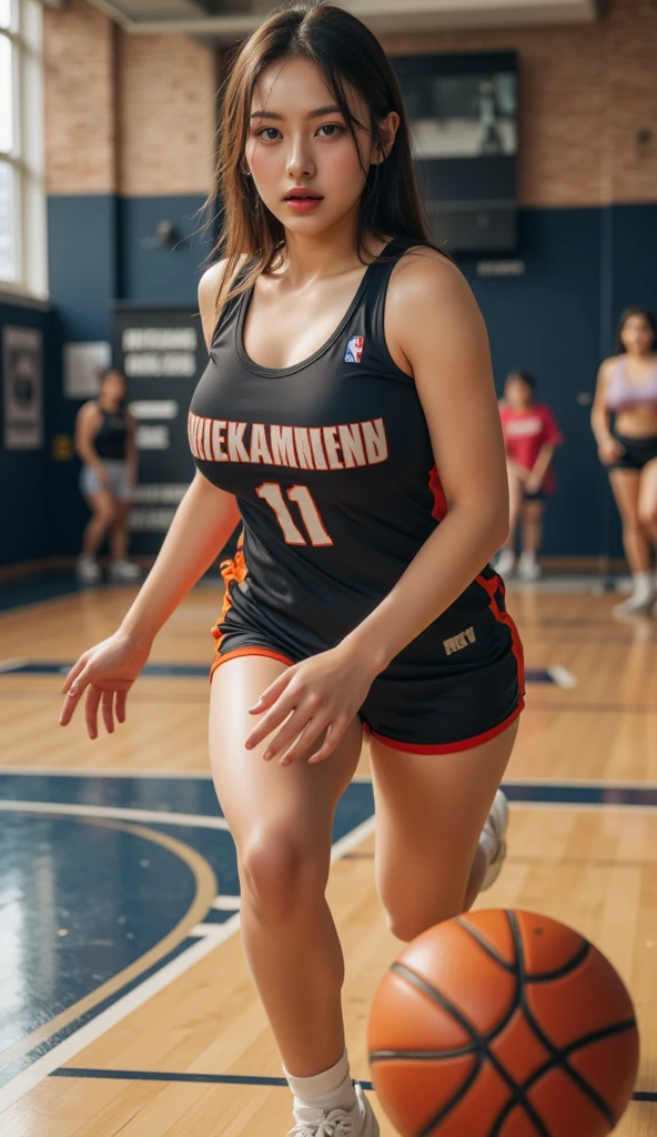 Photograph of a 21 year old very dark-skinned african-american woman named Misty. She is posing erotically on the basketball court. Erotic facial expressions. She has long eyelashes, pretty brown eyes, long black hair, and perky lips. She has 36dd breast, big buttocks, and a curvaceous body. She is wearing red basketball jersey with white trim, red basketball shorts with white stripes, and white sneakers. Eye-Level Shot, cinematic lighting, backlighting, UHD, masterpiece, anatomically correct, textured skin, super detail, 8k