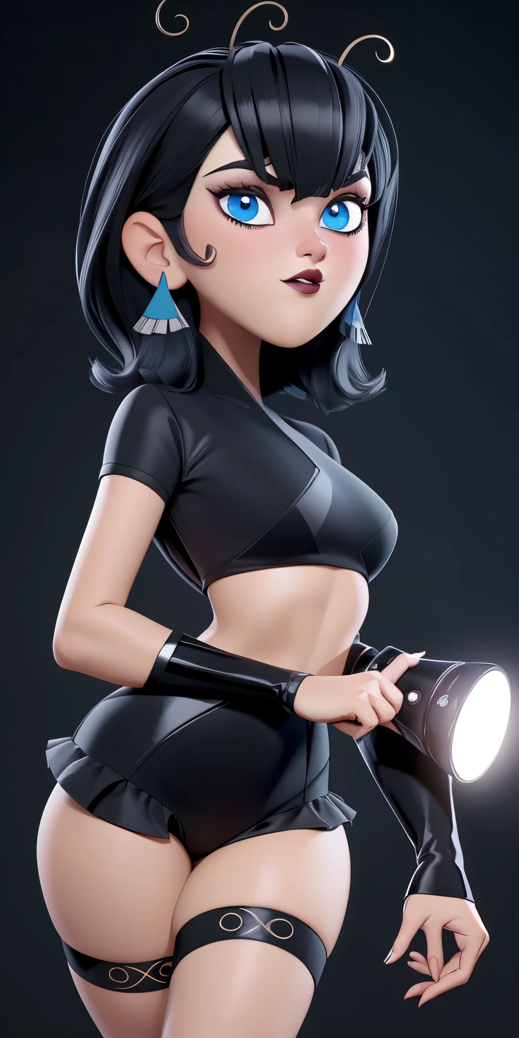 (best quality:1.4),(shiny skin), body focus, (cute face), (((best quality))), illustration, ((Beautiful Finger)), , Beautiful body, Beautiful character design, ,perfect lighting, Colorful, Bright_Front_face_Lighting, ultra high res, highres, absurdres:1.2, bokeh:1.2, lens flare, (vibrant_color:1.2), (thick thighs:1.1), THICK, Black hair with bangs, pale skin, large round blue eyes, black eyeliner, black lipstick, neutral expression, ruffled bikini