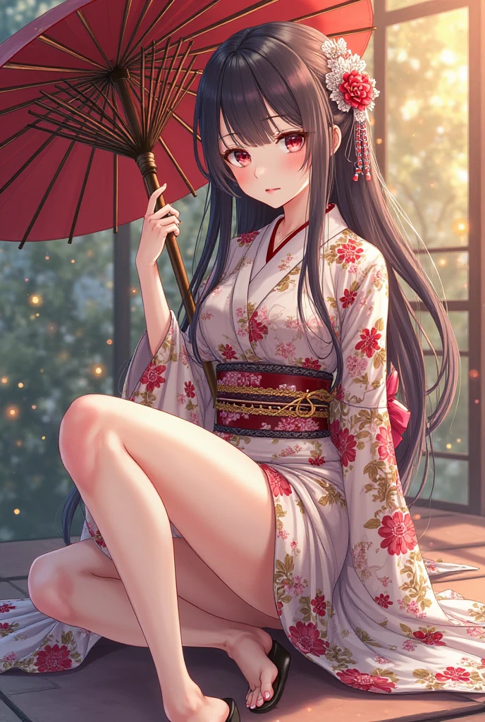 1girl, solo, beautiful, cute, perfect girl body figure, kimono, red blush, full body, flower petals, beautiful background, cleavage