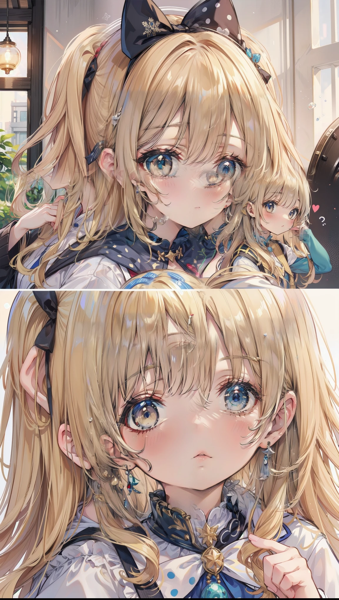 Dots are、明るいピンクの頬、she has chin-length, curly, golden blonde hair with wavy bangs.、she'dark-skinned girl, she is wearing a bright red headband with a ribbon on the right side of her head.. Dots are、she wears a shiny pastel blue and scarlet red dress with a small ribbon belt around her waist。, white collar, 4 crimson buttons, Bright red lining. sheのドレスの下には赤と淡いブルーのチュールスカートがある.. she also、Red top with white socks、she is wearing carnation pink high-top sneakers with bright red shoelaces, Shine; glitter, NSFW, (1girl),