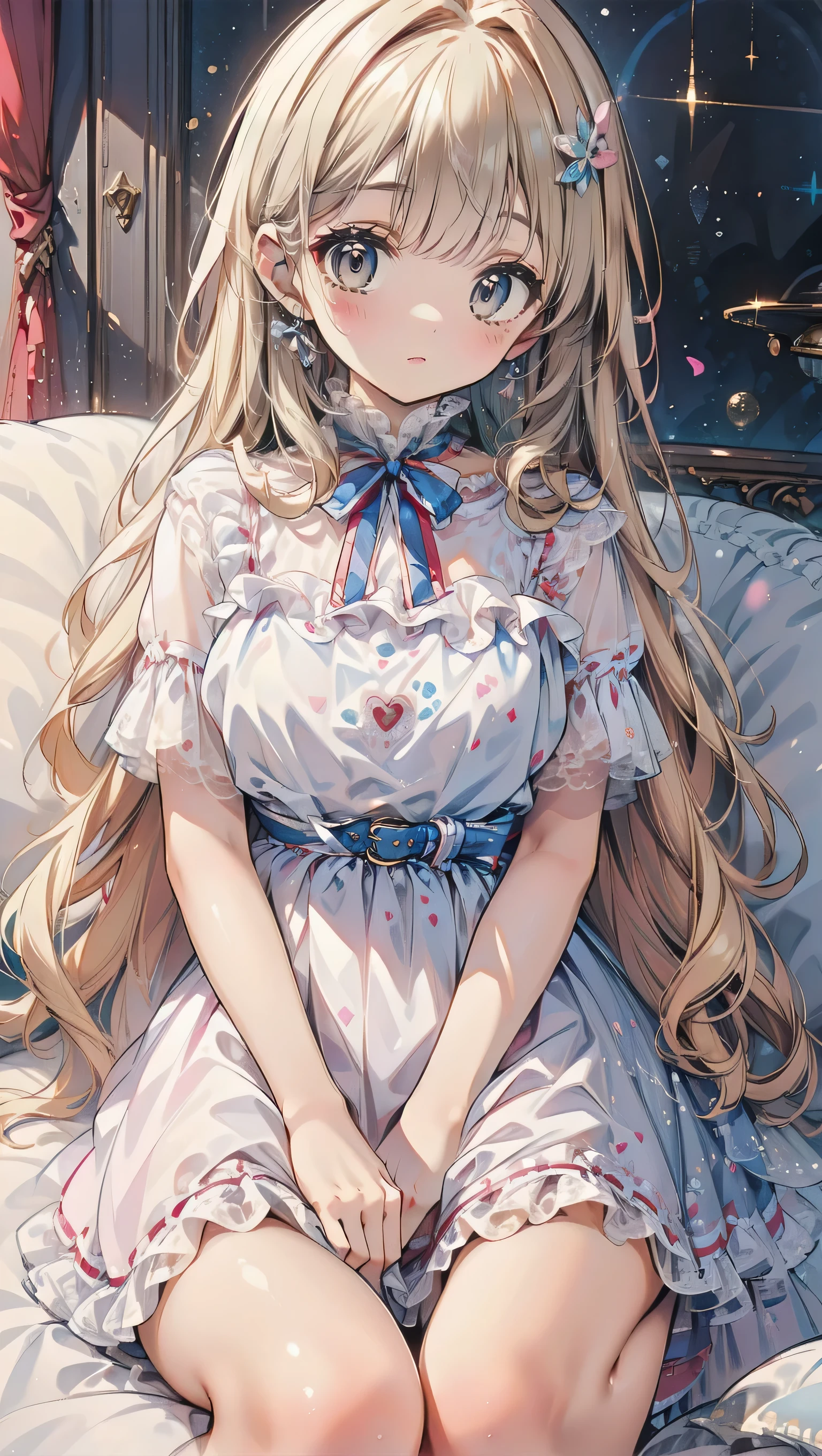 Dots are、明るいピンクの頬、she has chin-length, curly, golden blonde hair with wavy bangs.、she'dark-skinned girl, she is wearing a bright red headband with a ribbon on the right side of her head.. Dots are、she wears a shiny pastel blue and scarlet red dress with a small ribbon belt around her waist。, white collar, 4 crimson buttons, Bright red lining. sheのドレスの下には赤と淡いブルーのチュールスカートがある.. she also、Red top with white socks、she is wearing carnation pink high-top sneakers with bright red shoelaces, Shine; glitter, NSFW, (1girl),