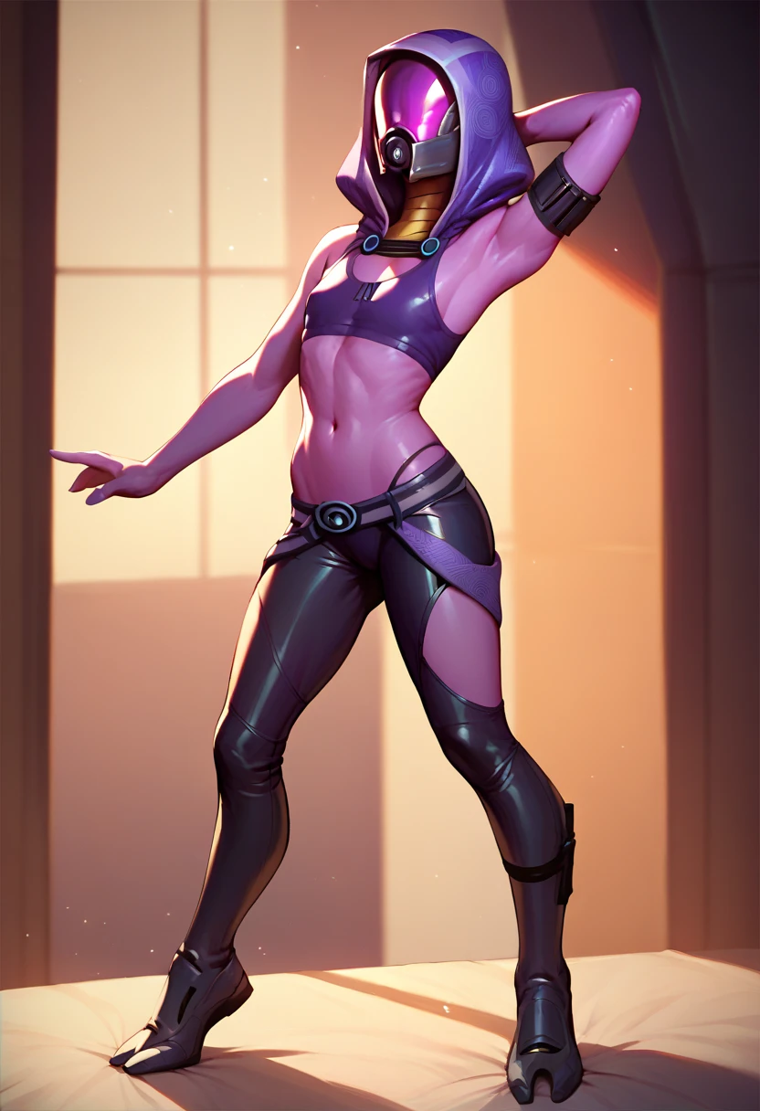 DaJi, purple hair, facial mark, pointy ears, purple eyes, twin braids, earrings, jewelry ,thigh-highs, black thong, detached sleeves, see-through attire, cleavage cutout, hat with tassel, neck collar, 1girl, solo, looking at viewer, smile.