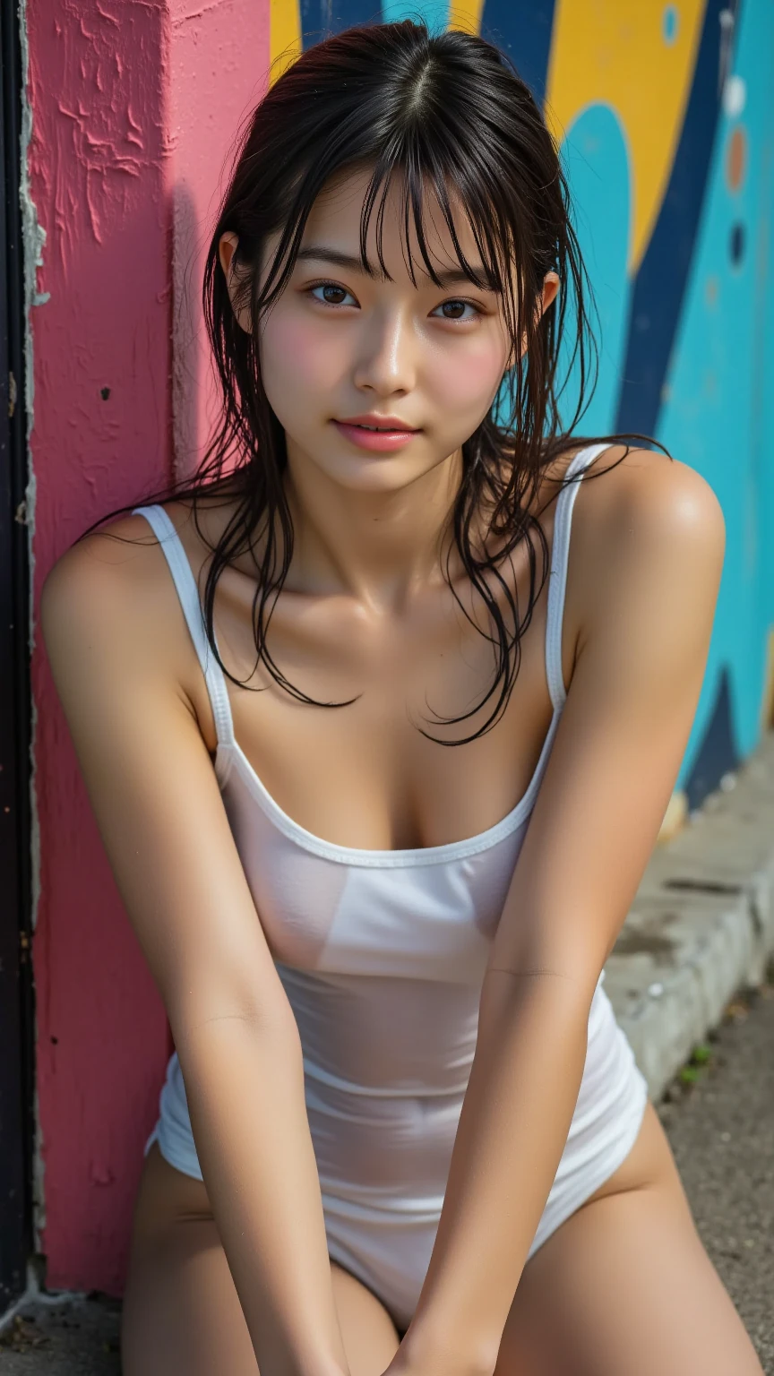 girls, range, Europe, Russian breed, girl, 21 years old, Medium bust, black hair, long hairมาก, Chapped lips, conjunctivitis, clear sea surface, Sleeveless, Sleeveless shirt, alone, (Glowing skin),(work of art:1.4),(better quality:1.4), sweat, Whole body, (((Very detailed CG unity 8k wallpaper., First job, high resolution, Highest quality))), ((beautiful woman, Model pose, grunge fashion, Wear a sweater.:1.2, Usando micro mini sweatshorts:1.2)), ((A particularly detailed face, Highly detailed black eyes, The body is exceptionally detailed., High quality real fur)), (long hair, My stomach is empty.), (The walls are painted with paint.), Too realistic, Digital Color, flashing