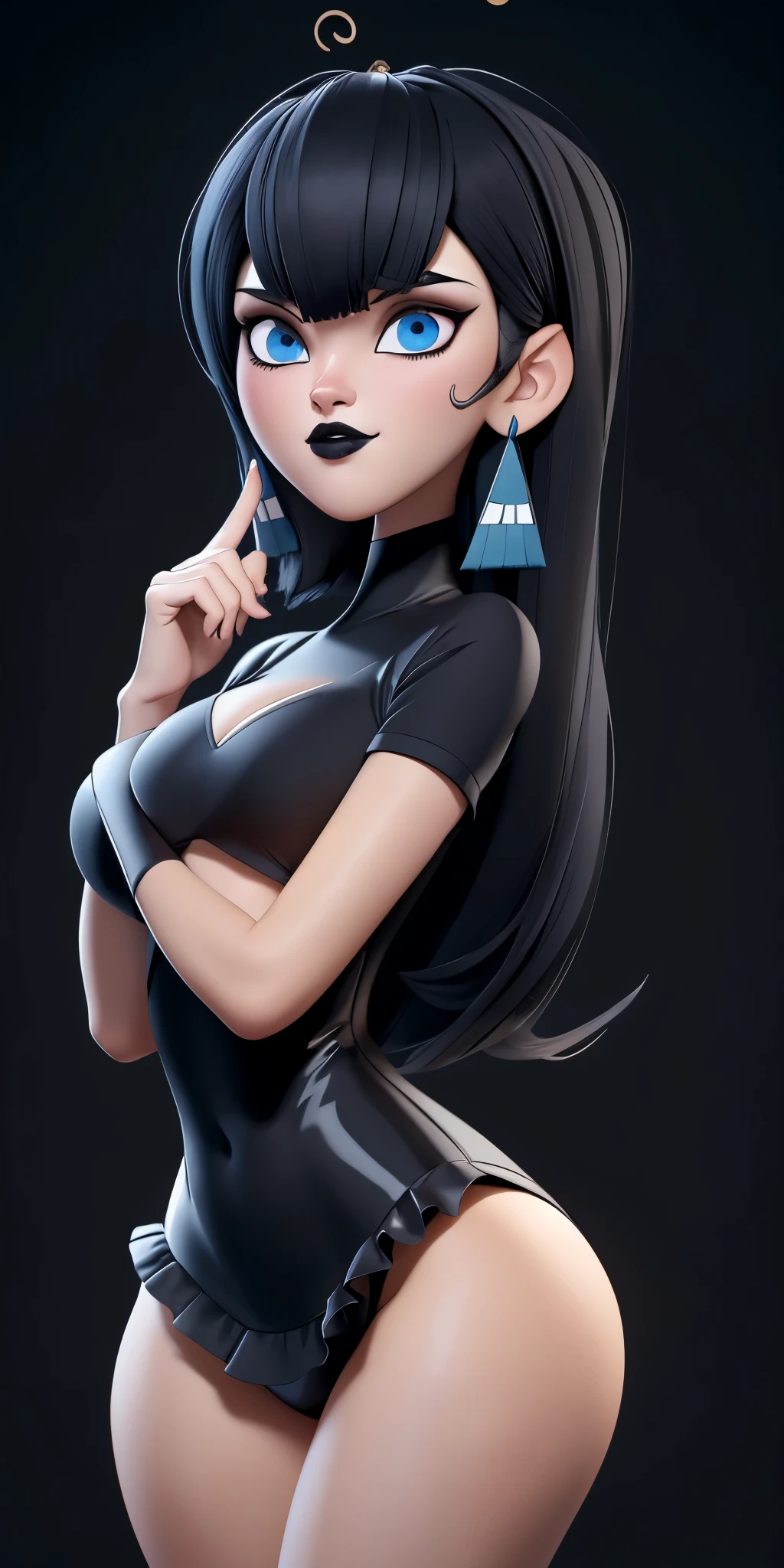 (best quality:1.4),(shiny skin), body focus, (cute face), (((best quality))), illustration, ((Beautiful Finger)), , Beautiful body, Beautiful character design, ,perfect lighting, Colorful, Bright_Front_face_Lighting, ultra high res, highres, absurdres:1.2, bokeh:1.2, lens flare, (vibrant_color:1.2), (thick thighs:1.1), THICK, Black hair with bangs, pale skin, large round blue eyes, black eyeliner, black lipstick, neutral expression, ruffled bikini
