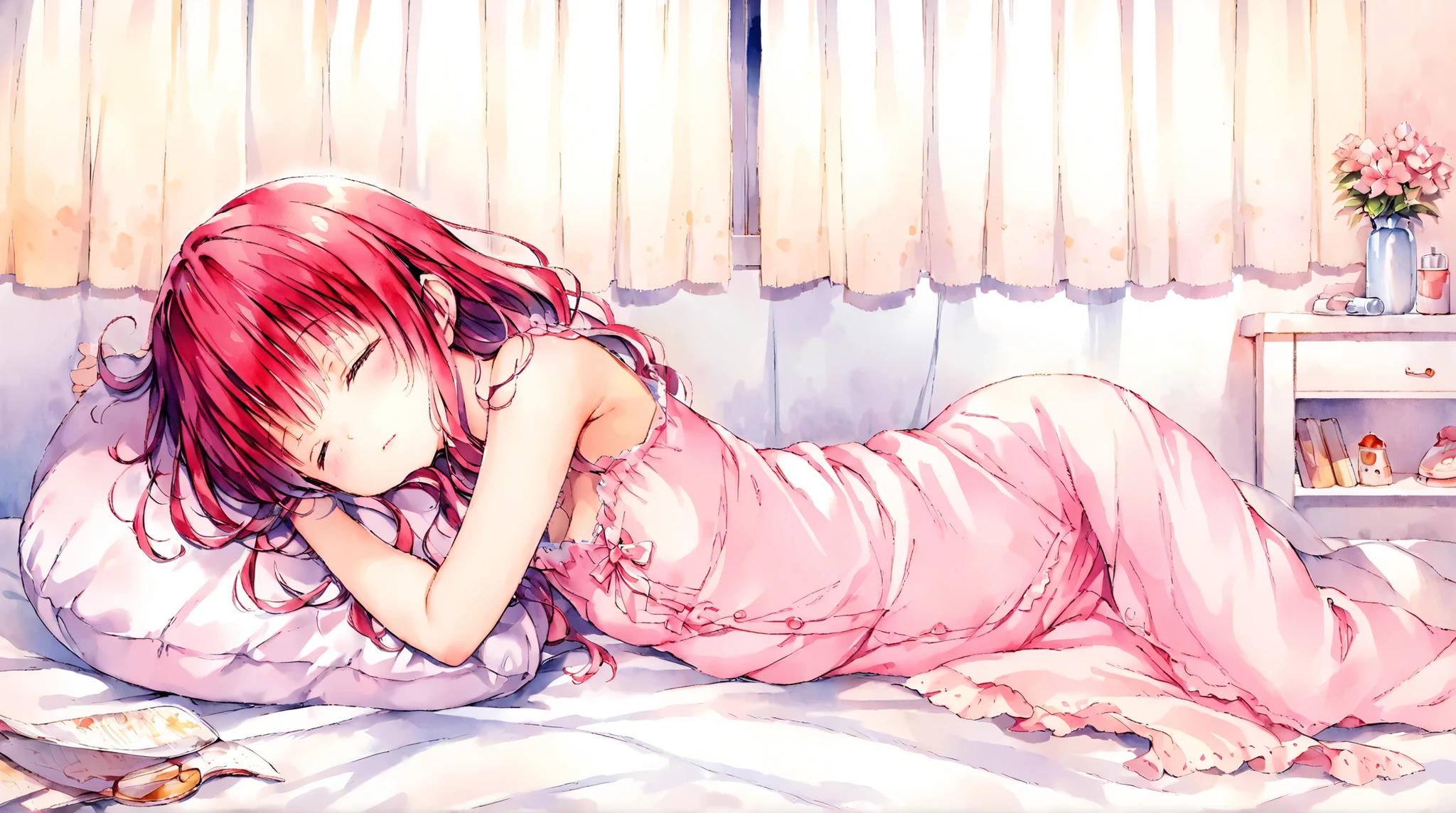 Official illustration using hand drawn watercolor techniques　sleeping on a bed