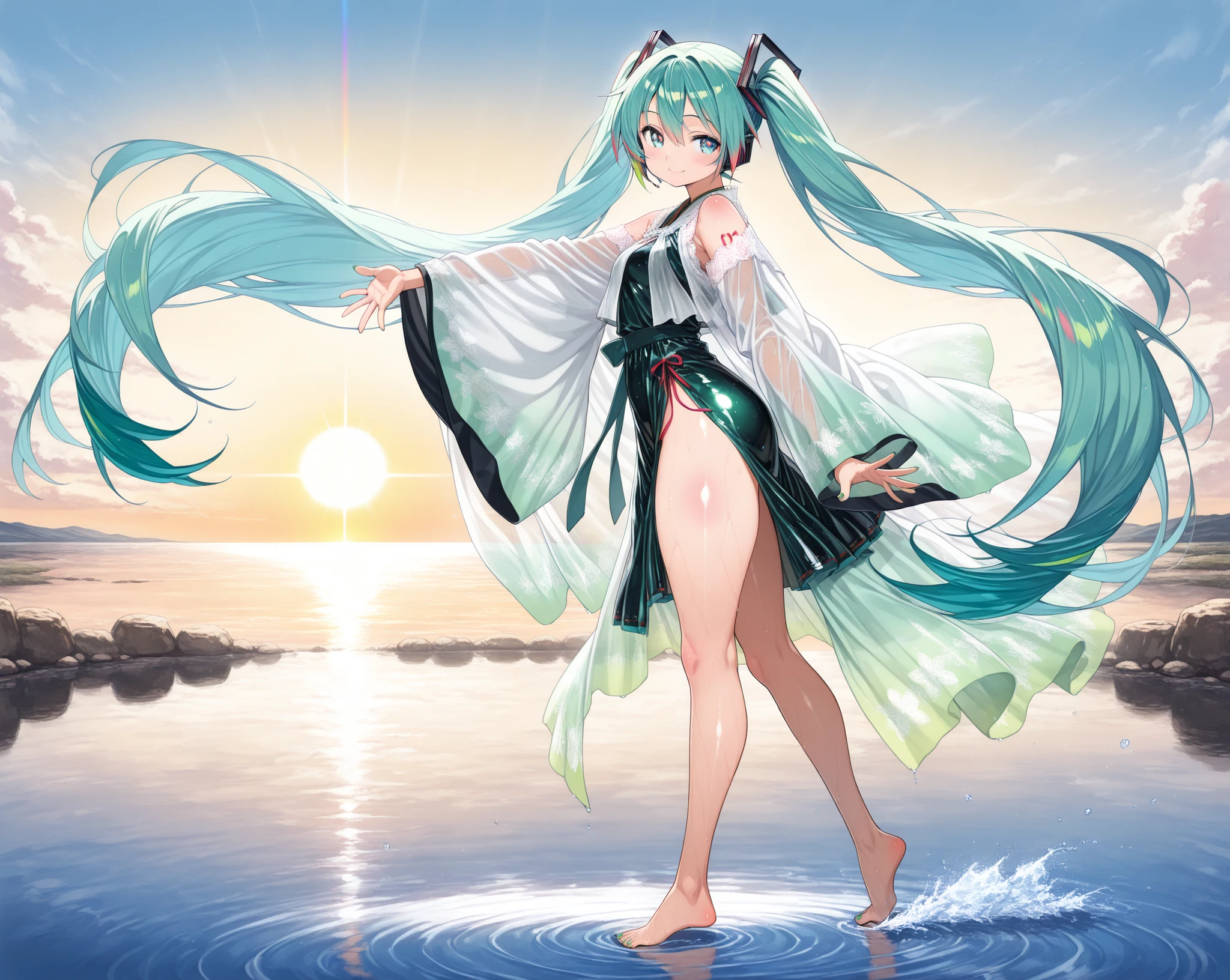 (masterpiece、Highest quality、Highest quality、Official Art、Beautiful and beautiful:1.2)、(One girl:1.3)Hatsune Miku、Twin tails,Beautiful breasts,Cute cartoon，中国martial arts，Vector illustration，1 Girl，bamboo forest，martial arts，That attitude is full of vitality.，Holding a long sword，The costumes are also brightly colored.，Style Traditional，Peony and wave motif，bamboo forest环境幽静，wealthy，Tall bamboo stalks，The sunlight filtering through the trees.，Open space，Golf Driving Range，(Ultra-high resolution, Anatomically correct, masterpiece, Accurate, Highest quality, 8k), Vector martial arts illustration