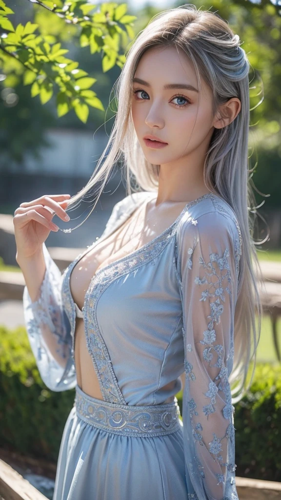 女の子1人、ssmile、optic、robe blanche、florals、Rose、hair pin、NOWAI、landscapes、depth of fields、Pointed ears、White hair、verd s eyes、鎖骨、butterfly、