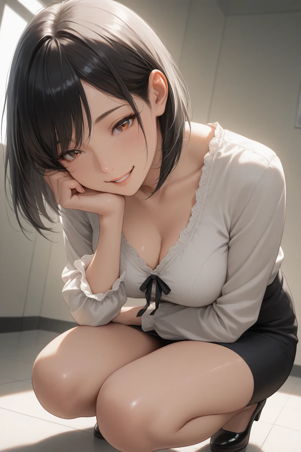 Highest Resolution、Highest quality、high school girl、Baby Face、Black Bob、Disheveled Hair、Naughty lips、Summer clothes、White blouse、Open blouse、Small breasts、No bra、Cleavage、Looking up、Watery eye、classroom、Sitting on the floor、Sit down with Pétain、Black socks、Watching from above、Drenched in sweat、afterwards、 dripping、White fluid on chest、 on thighs、Handcuffs on both arms