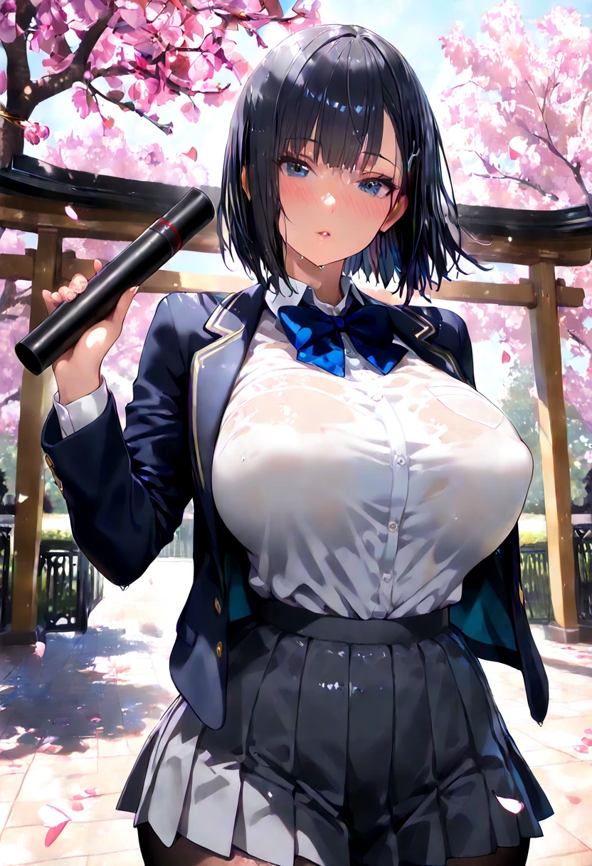 (gigantic breasts), (sheer tennis_uniform)) (((vulgarity))) (((large areolae))), ((boyish))an anime type girl with large breasts in skirt standing near some trees, 1girl, solo, breasts, huge breasts, nipples, underwear, skirt, black hair, bra, navel, looking at viewer, short hair