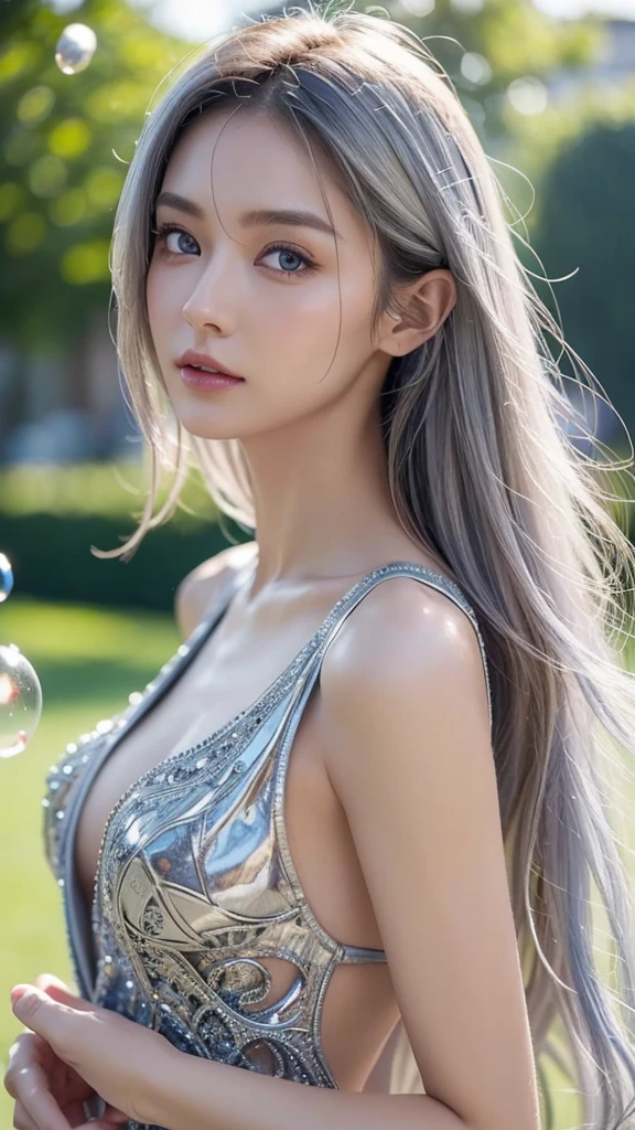 a woman with beautiful features, long grey hair, wearing a pure white dress, high quality, photorealistic, detailed portrait, extremely detailed face, beautiful eyes and lips, long eyelashes, well-proportioned body, perfect perspective, masterpiece, 8K, photo-realistic、It is surrounded by glass-like water.